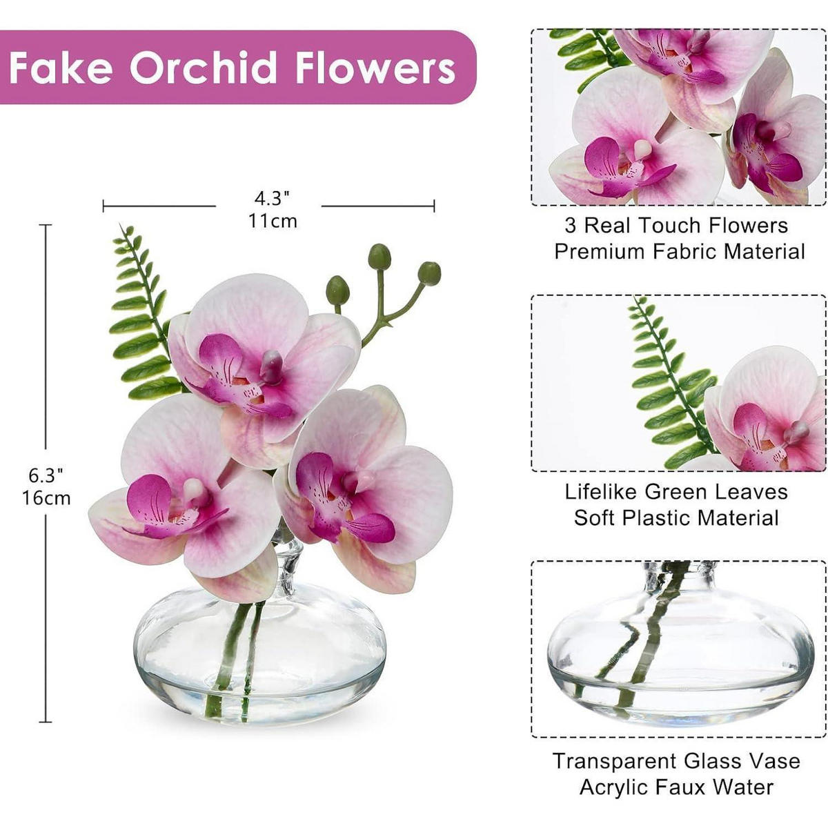 KUNSTBLUMEN 3er Set Kunstorchidee Phalaenopsis mit Glasvase Rosa - Rosa, Kunststoff (12cm)