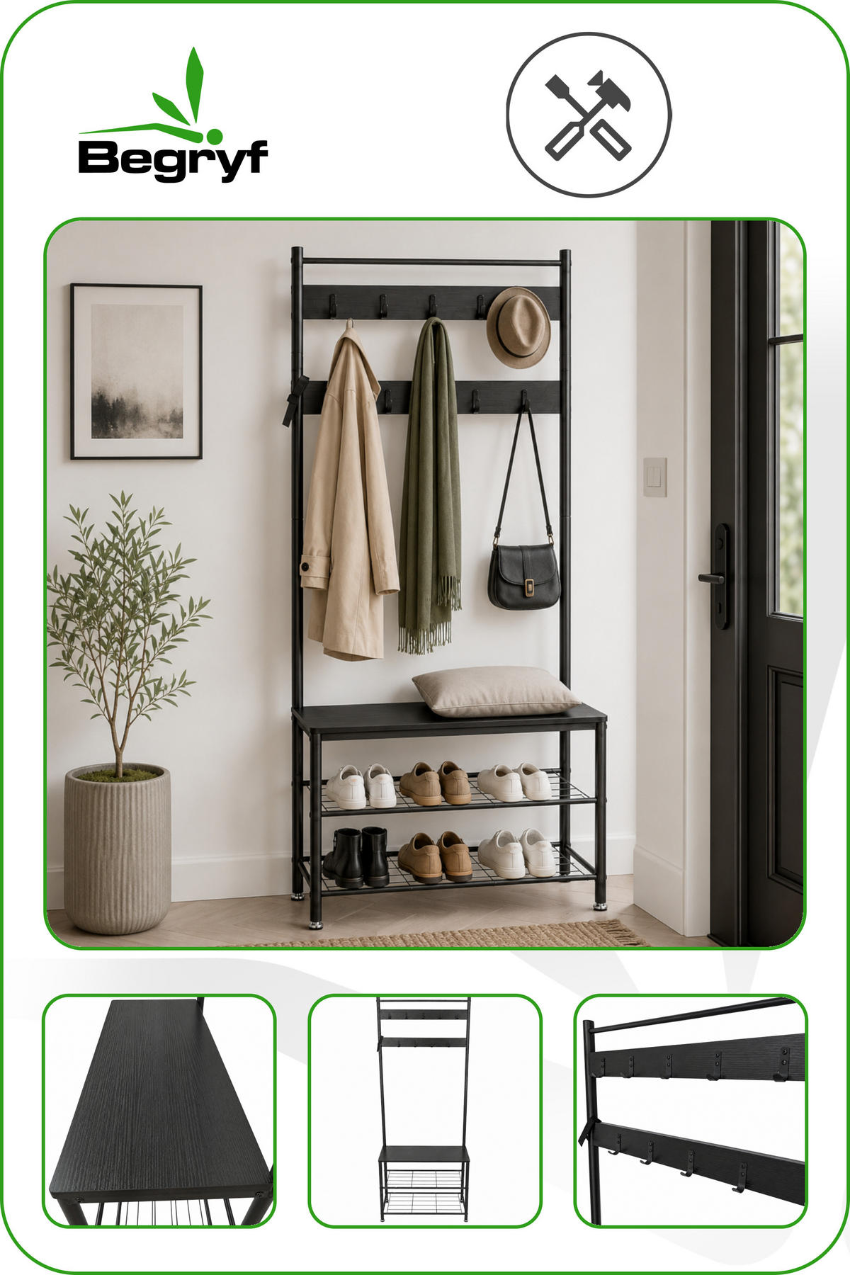 KLEIDERSTÄNDER MDF Metall Schwarz mit Sitzbank Haken und Schuhablagen 70x32x175 cm - Schwarz, Holzwerkstoff/Metall (70/175/32cm) - Begryf