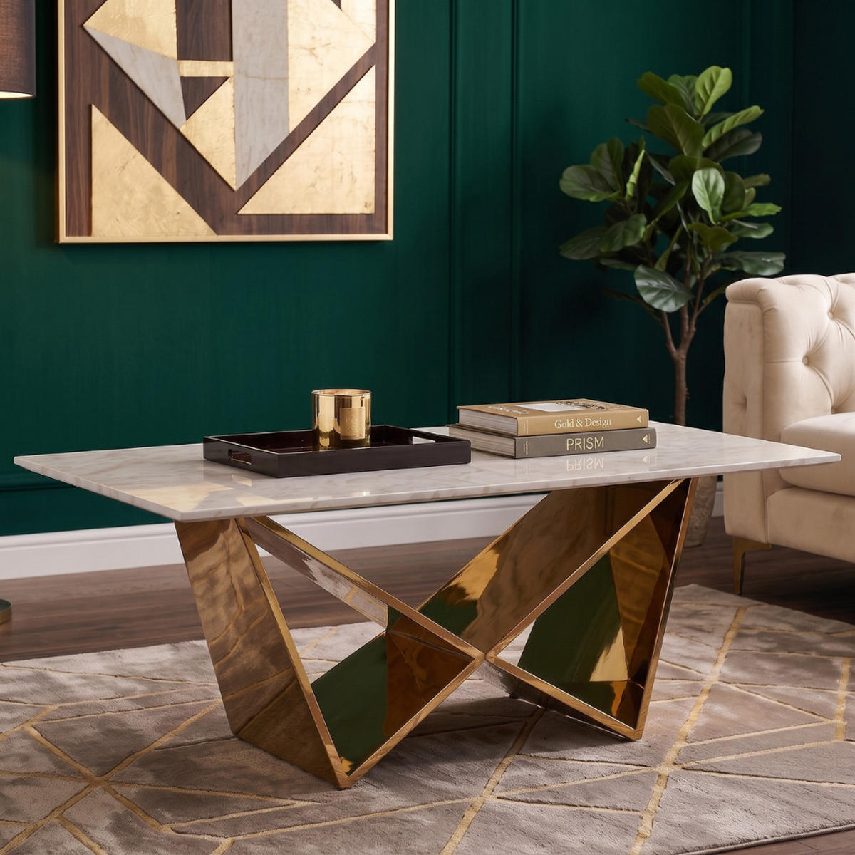 DESIGN-COUCHTISCH CENTO Rechteckiger Wohnzimmertisch in Marmor-Optik mit geometrischem Edelstahl-Gestell (130 x 70 cm) - Goldfarben, Metall (70/130/42cm) - alesvelt