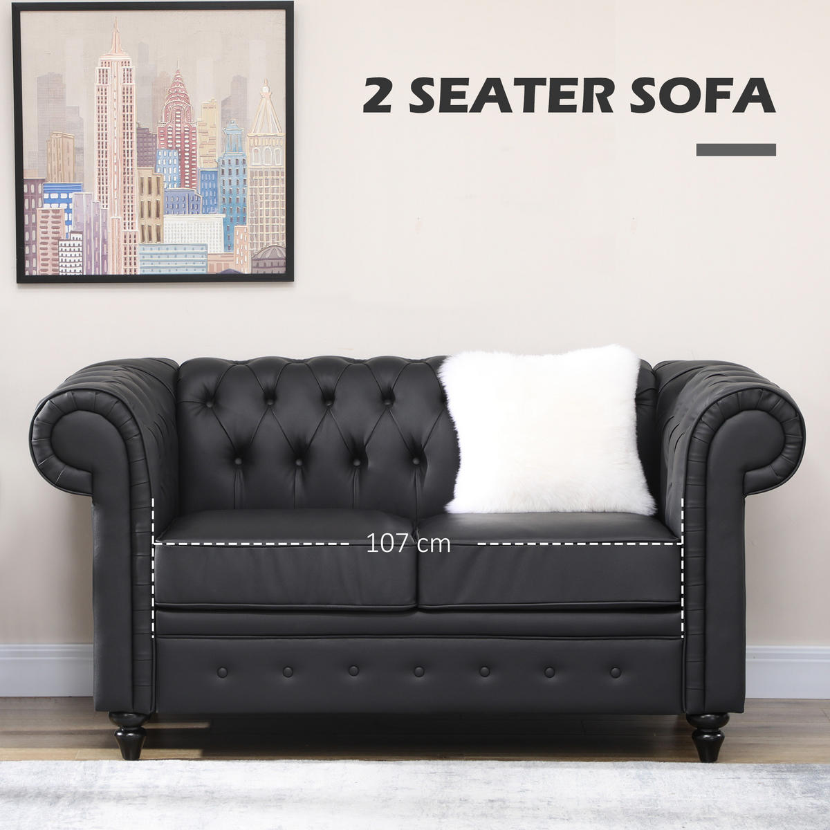 SOFA, 2-Sitzer, Chesterfield, PU-Leder, abnehmbares Kissen, schwarz, 160x84x80cm - Multicolor, Holzwerkstoff (160/80/84cm) - FORIOUS