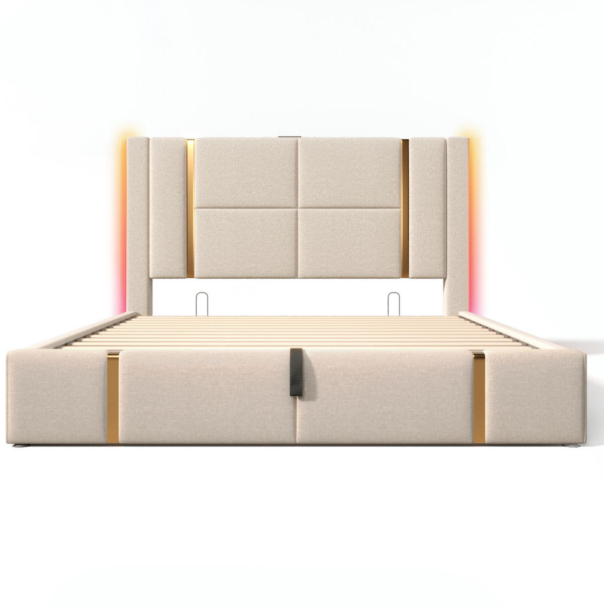 POLSTERBETT aus Leinen 140x200 cm in Beige mit LED & USB-C-Ladefunktion - Beige, Textil (140/200cm) - Modfu