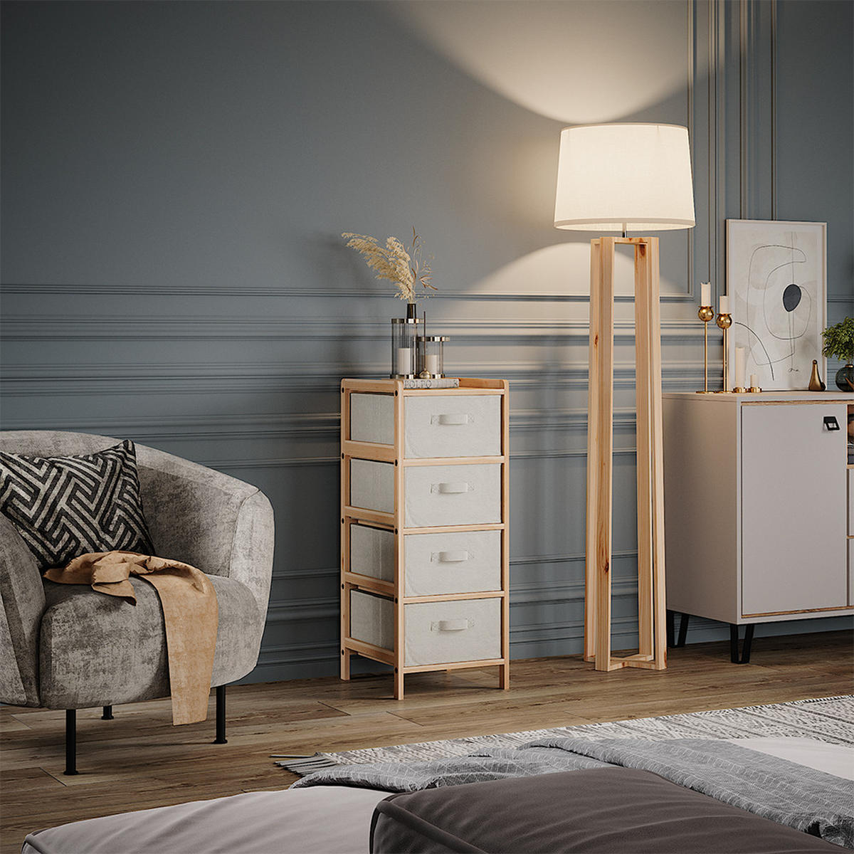 KOMMODE Bruno Beige 34.5 x 86 cm mit 4 Stoffschubladen - Beige/Naturfarben, Holzwerkstoff (34.5/86/36.5cm) - Vicco