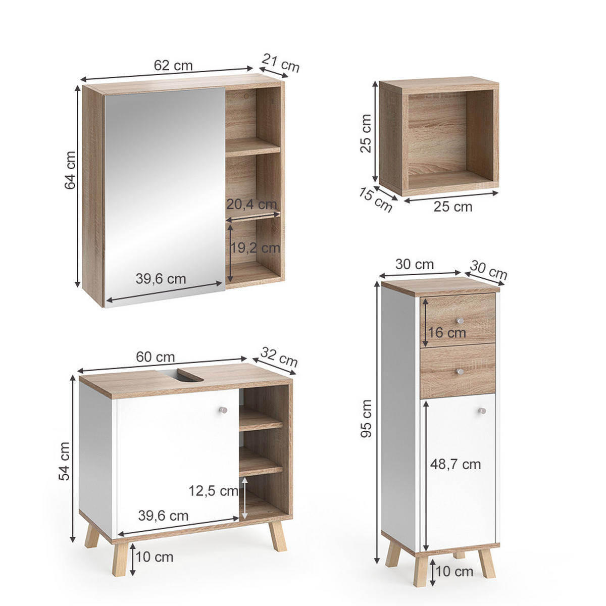 BADMÖBEL-SET Senyo Weiß 4 Teile - Weiß/Sonoma Eiche, Holzwerkstoff (62/54/32cm) - Vicco