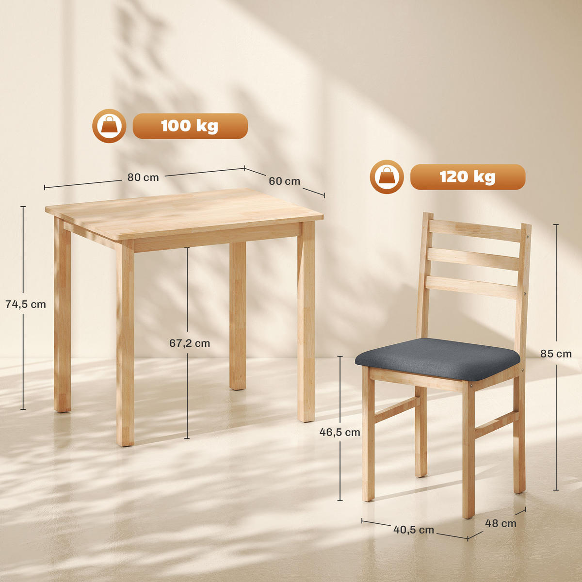 ESSGRUPPE 3er Set Kautschukholz MDF Naturholz - Naturfarben/Grau, Holz/Textil (60/74.5/80cm) - HOMCOM