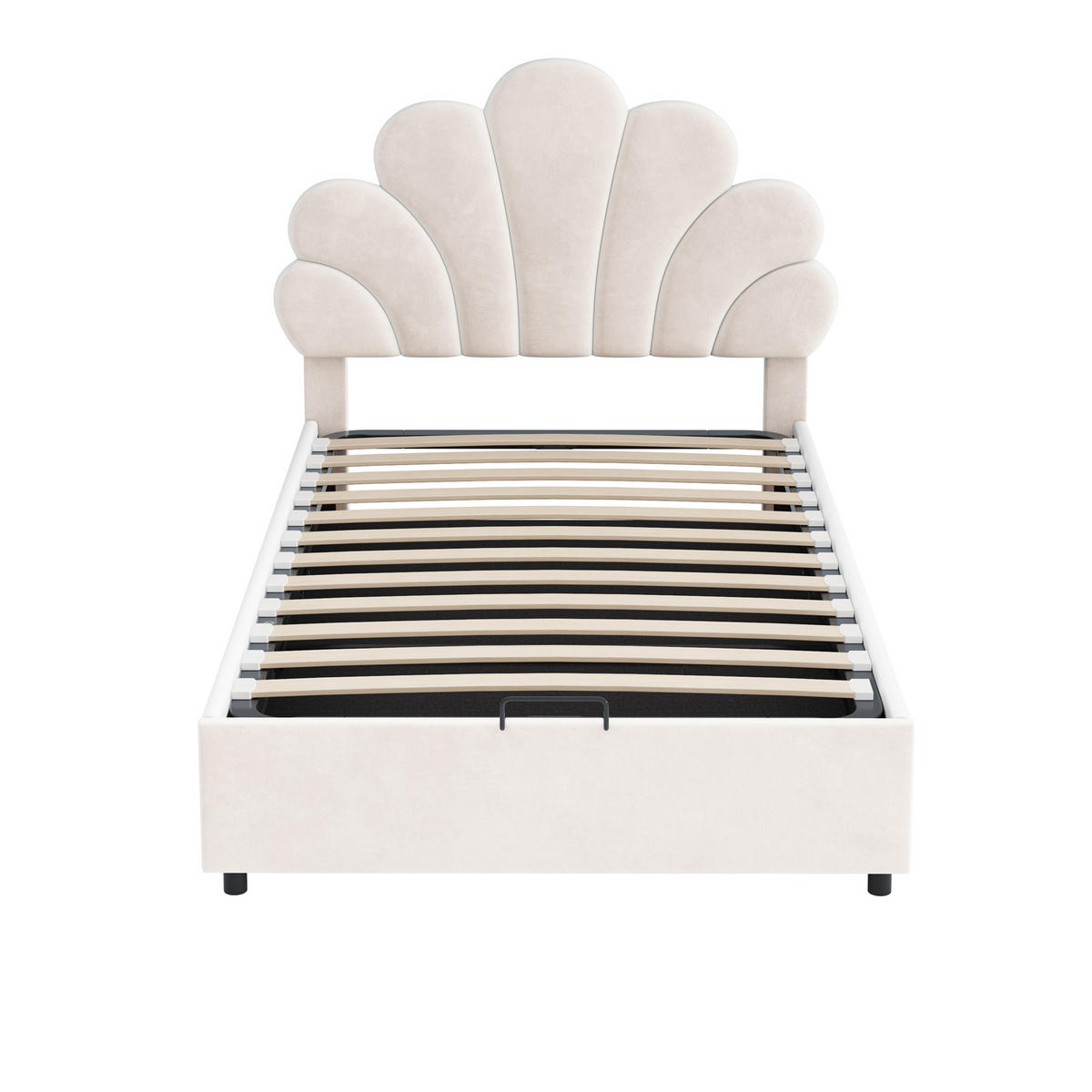 KINDERBETT 90/200 cm Beige mit Samtbezug höhenverstellbarem Kopfteil und hydraulischem Stauraum - Beige, Textil (90/200cm) - OKWISH