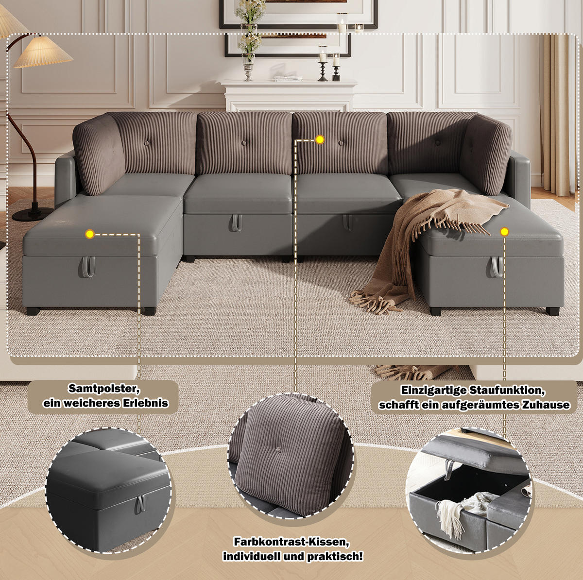 ECKSOFA aus Samt & Cord 261x132,5 cm in Antique Grey mit Stauraum - Grau, Textil (132.5/261cm) - Modfu