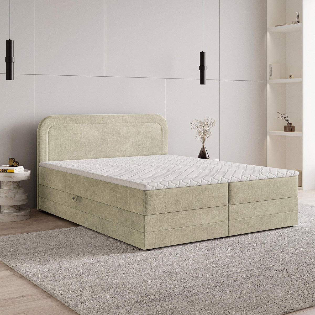 BOXBETT ARMEL 140x200 cm mit Matratze und Topper - Creme - Creme, Holz (140/200cm) - MASSENO