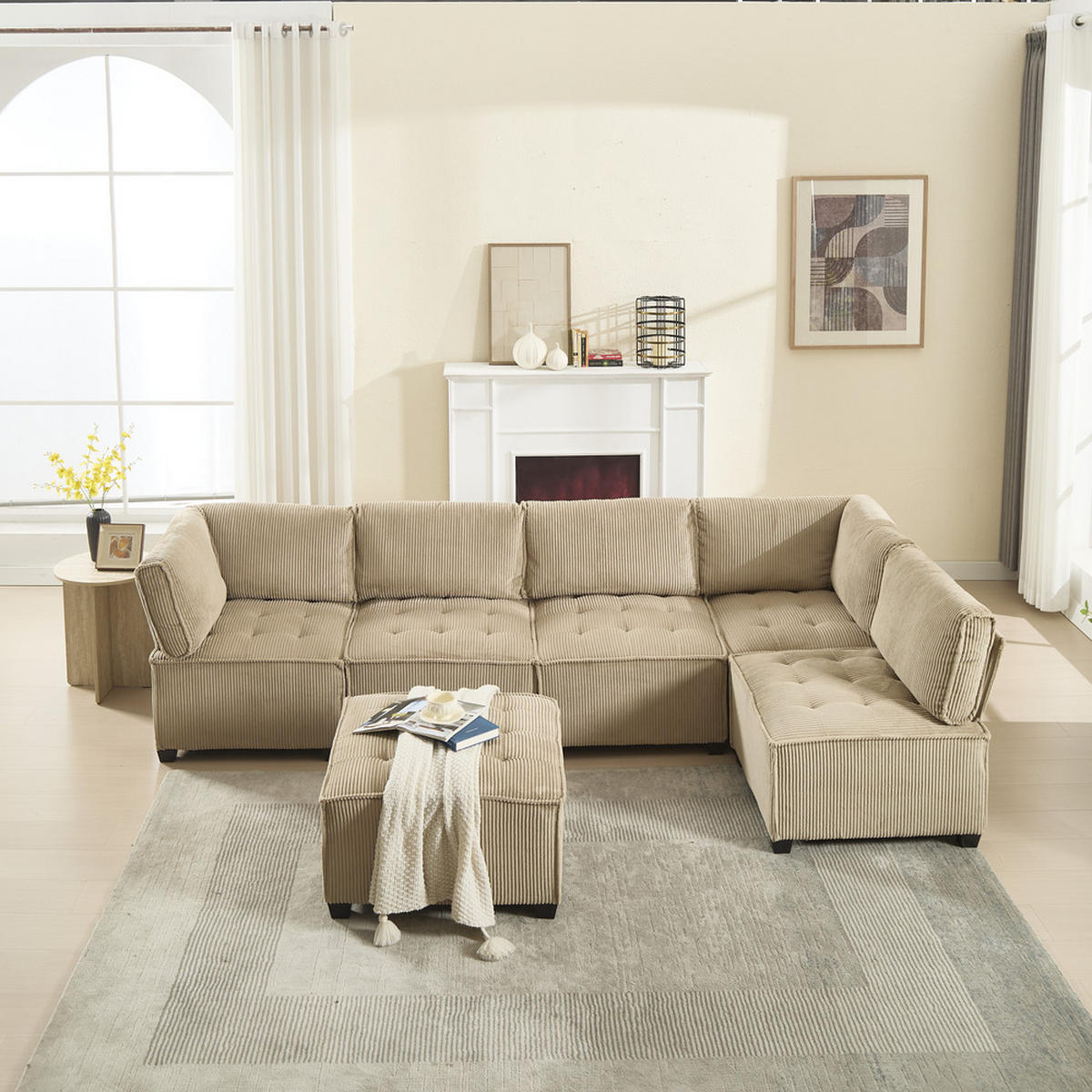 ECKSOFA Modulares U-Form Cordstoff 308x154cm Khaki Schlaffunktion - Naturfarben, Textil (70/77cm) - Raelunyi