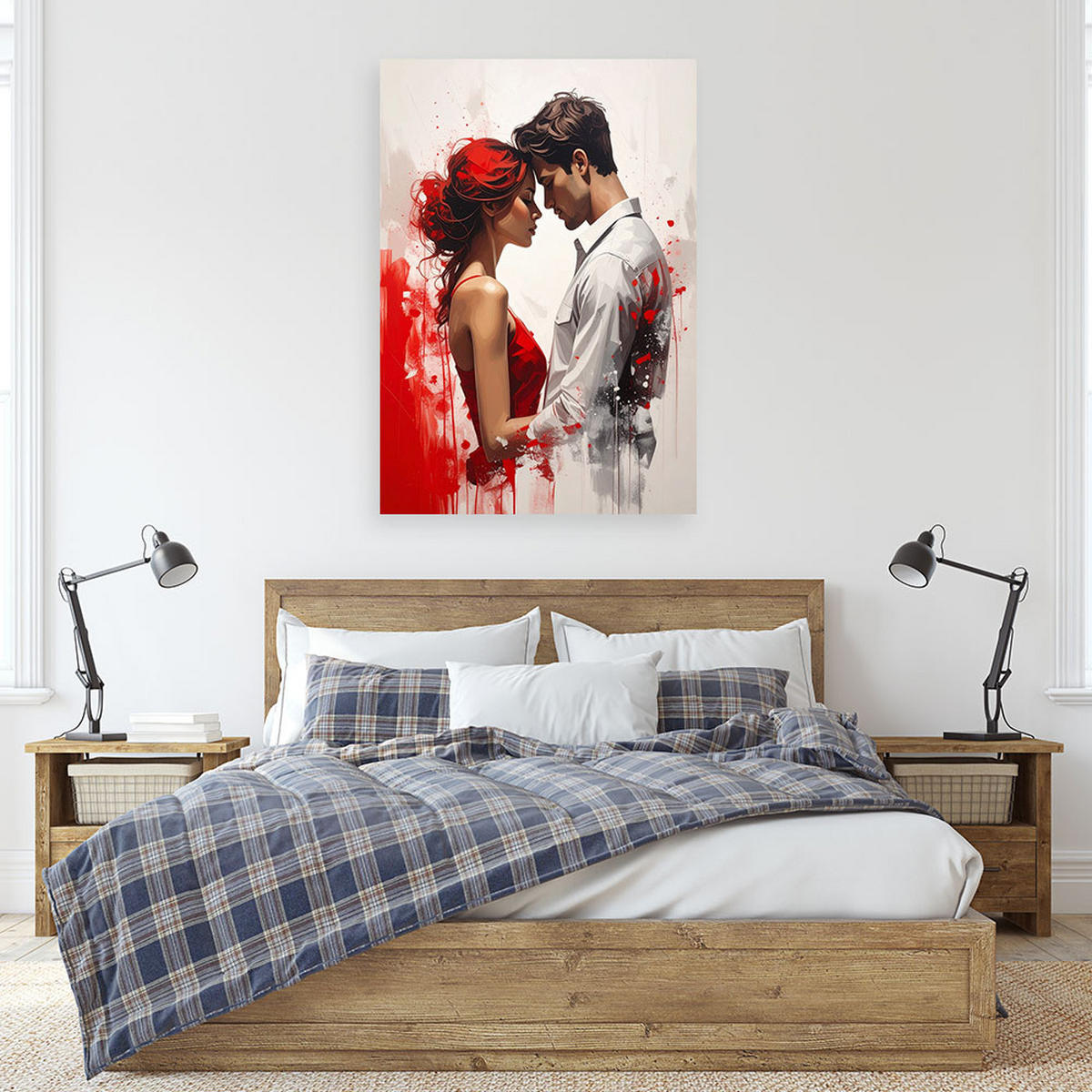 WANDBILD, Verliebtes Paar auf rotem malerischem Hintergrund - Rot, Textil (60/90cm) - Feeby