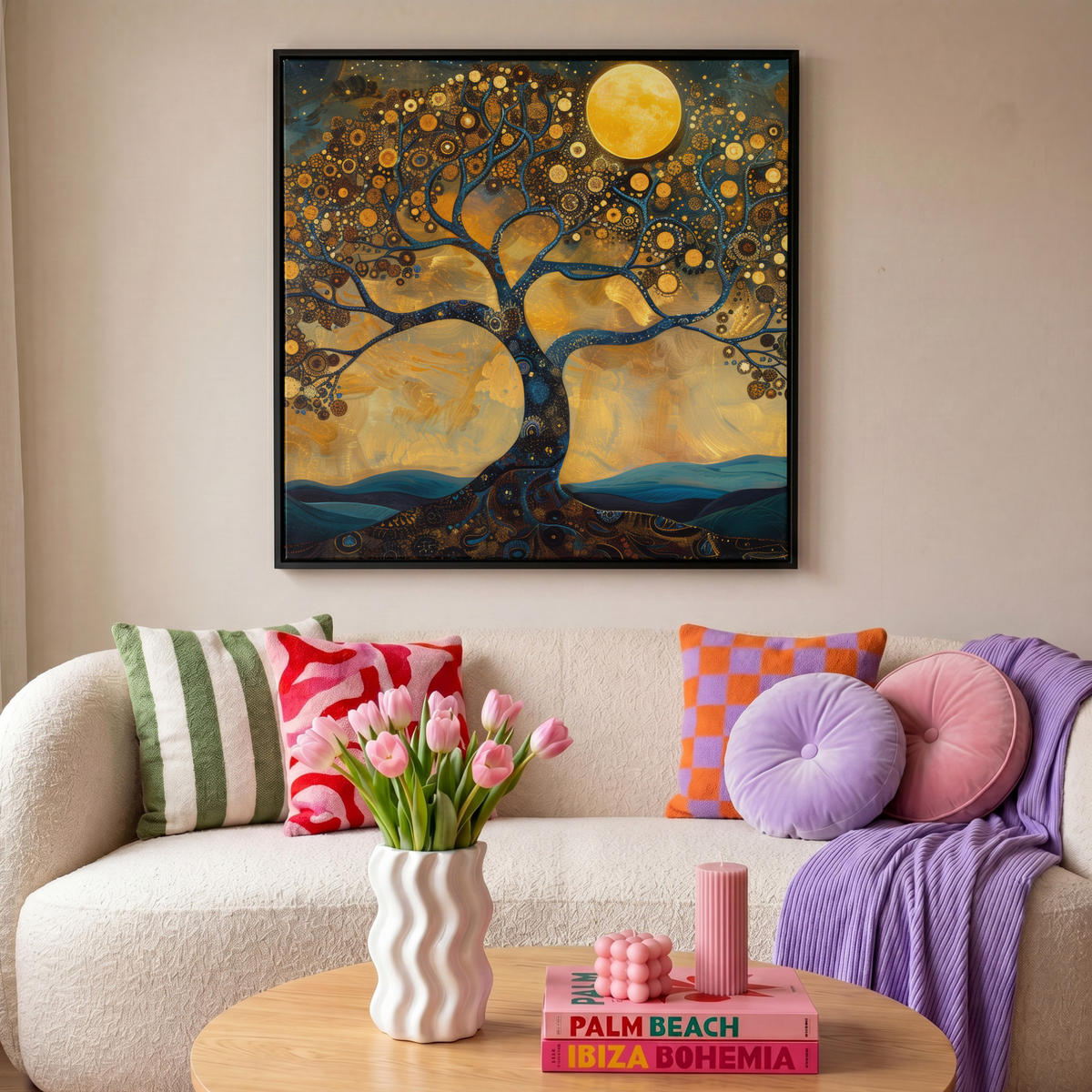 LEINWAND Bilder mit Rahmen - Baum - Mond - Blumen - Gold - Kunst - 90x90 - Orange, Textil (90/90cm) - MuchoWow
