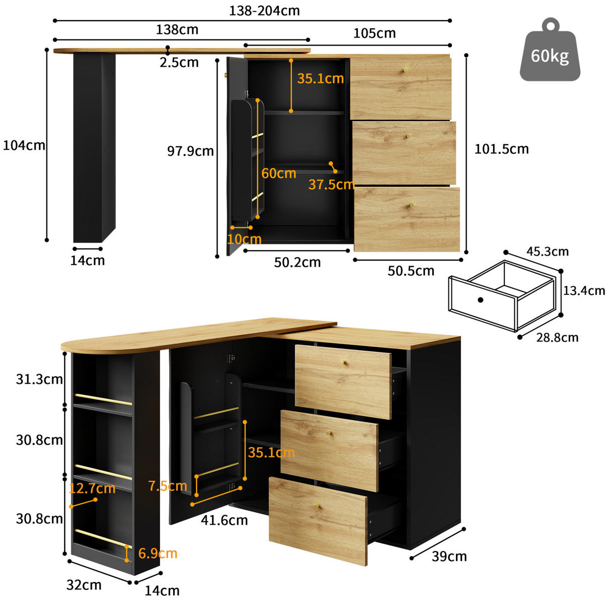 BAROVÝ stůl z MDF 138-204x39x104 cm černý otočný o 360° a výsuvný s úložným prostorem a 3 zásuvkami - černá, kompozitní dřevo (204/104/39cm) - Modfu
