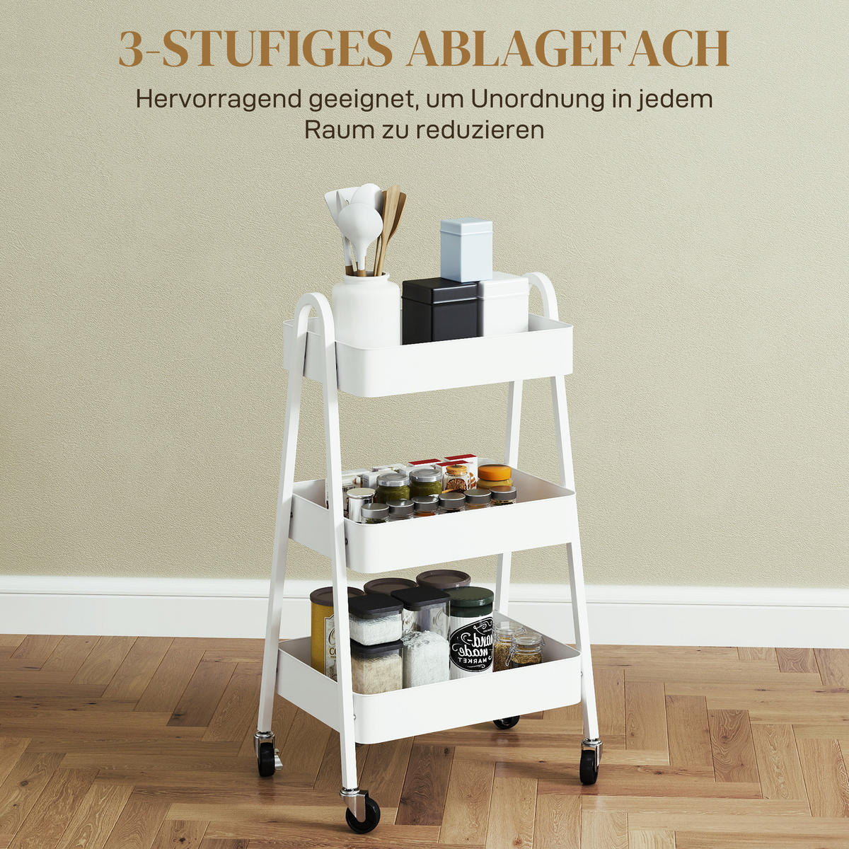 SERVIERWAGEN mit 3 Ebenen Küchenwagen mit Rollen Griff, Weiß - Weiß, Metall (42.4/74.5/29.8cm) - HOMCOM