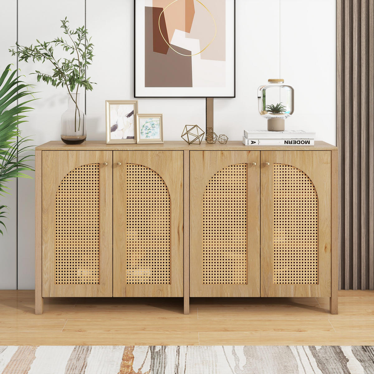 SIDEBOARD 145 cm in Natur Rattan-Optik & 4 Türen im Boho-Stil - Naturfarben, Holzwerkstoff (145/40/80cm) - Urban Meuble