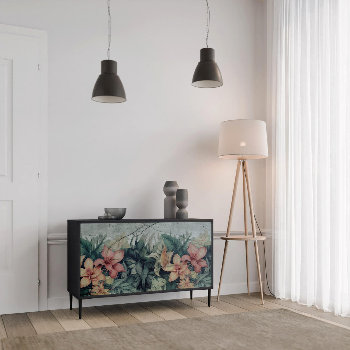 SIDEBOARD HEAVENLY BLOOM, Graue Oberfläche, 111x42x57,5 cm, 2 Türen - Grau, Holzwerkstoff (111/57.5/42cm) - SpaceRebels