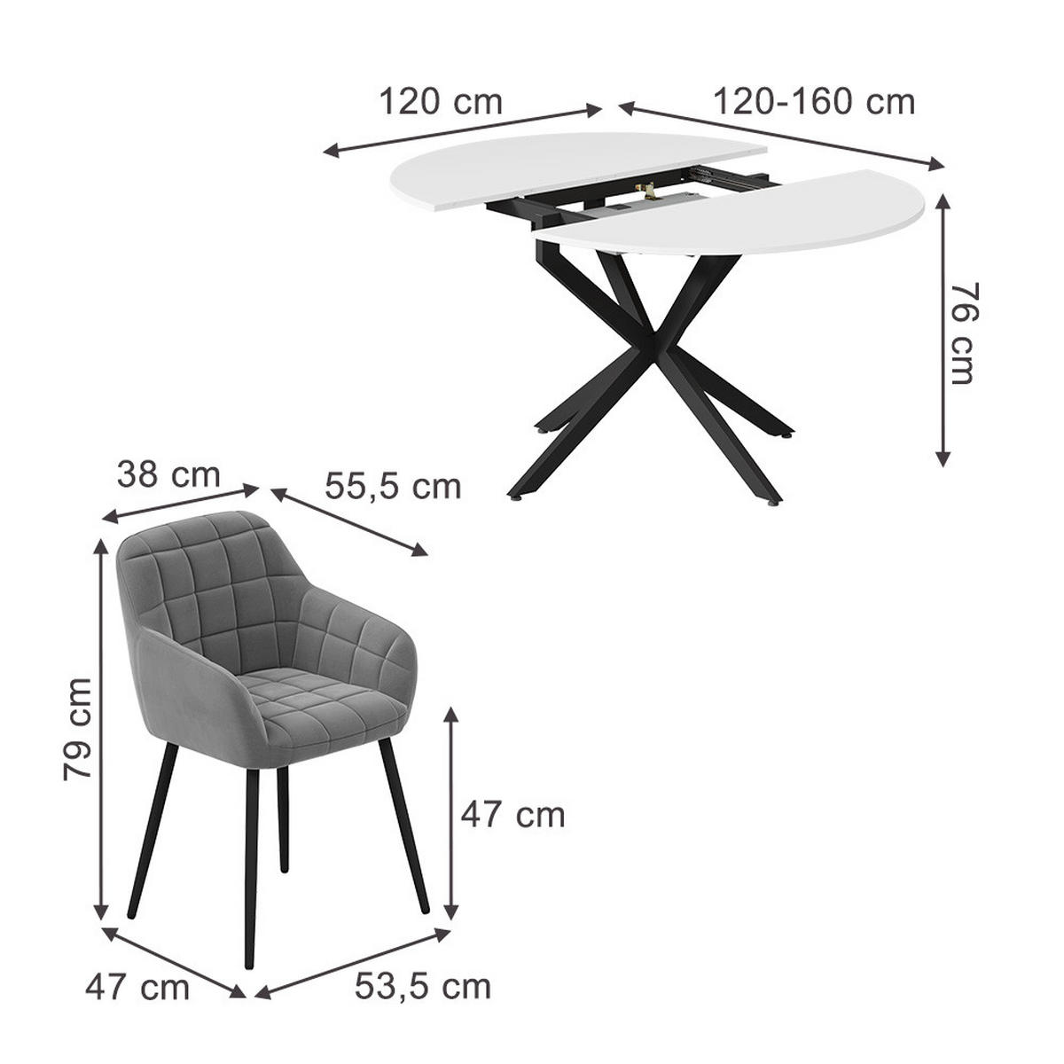 SÚPRAVA JEDÁLENSKÉHO STOLA Loyd, biely/čierna, 120 x 120 cm so 4 jedálenskými stoličkami (šedé) - čierna/biela, kompozitné drevo (120/76.5/120cm) - Vicco