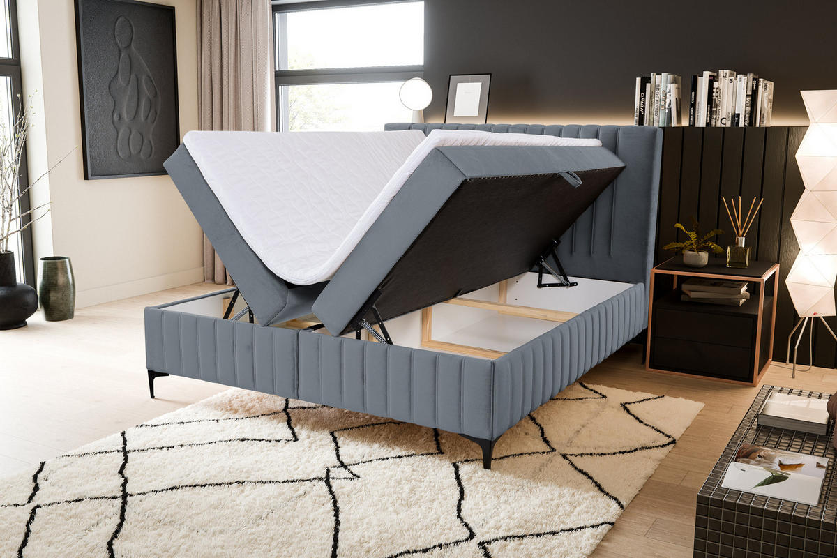 BOXBETT QUANT mit 2 Bettkästen, 180x200, Farbe: Grau, Velourstoff, mit Bonell-Matratze inkl. Topper - Grau, Holz/Kunststoff (180/200cm) - VENASI MÖBEL