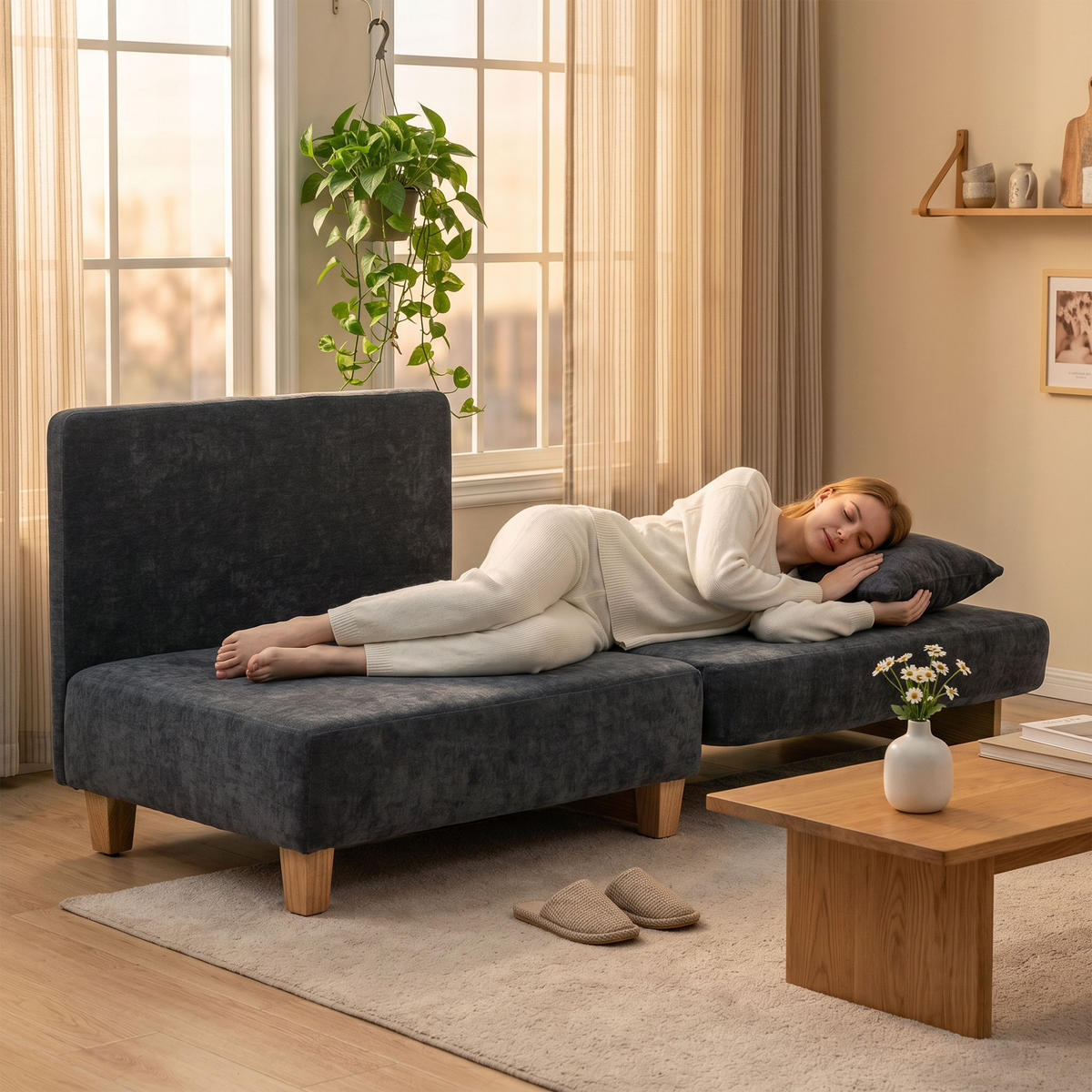 SCHLAFSESSEL Polyester Dunkelgrau - Dunkelgrau/Naturfarben, Holz/Textil (63/89/94cm) - HOMCOM