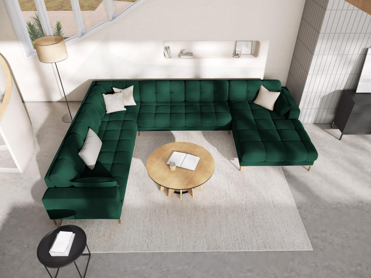 PANORAMASOFA links Mamaia aus Samt flaschengrün 7 Sitzplätze - Dunkelgrün, Textil (256/75/327cm) - Micadoni