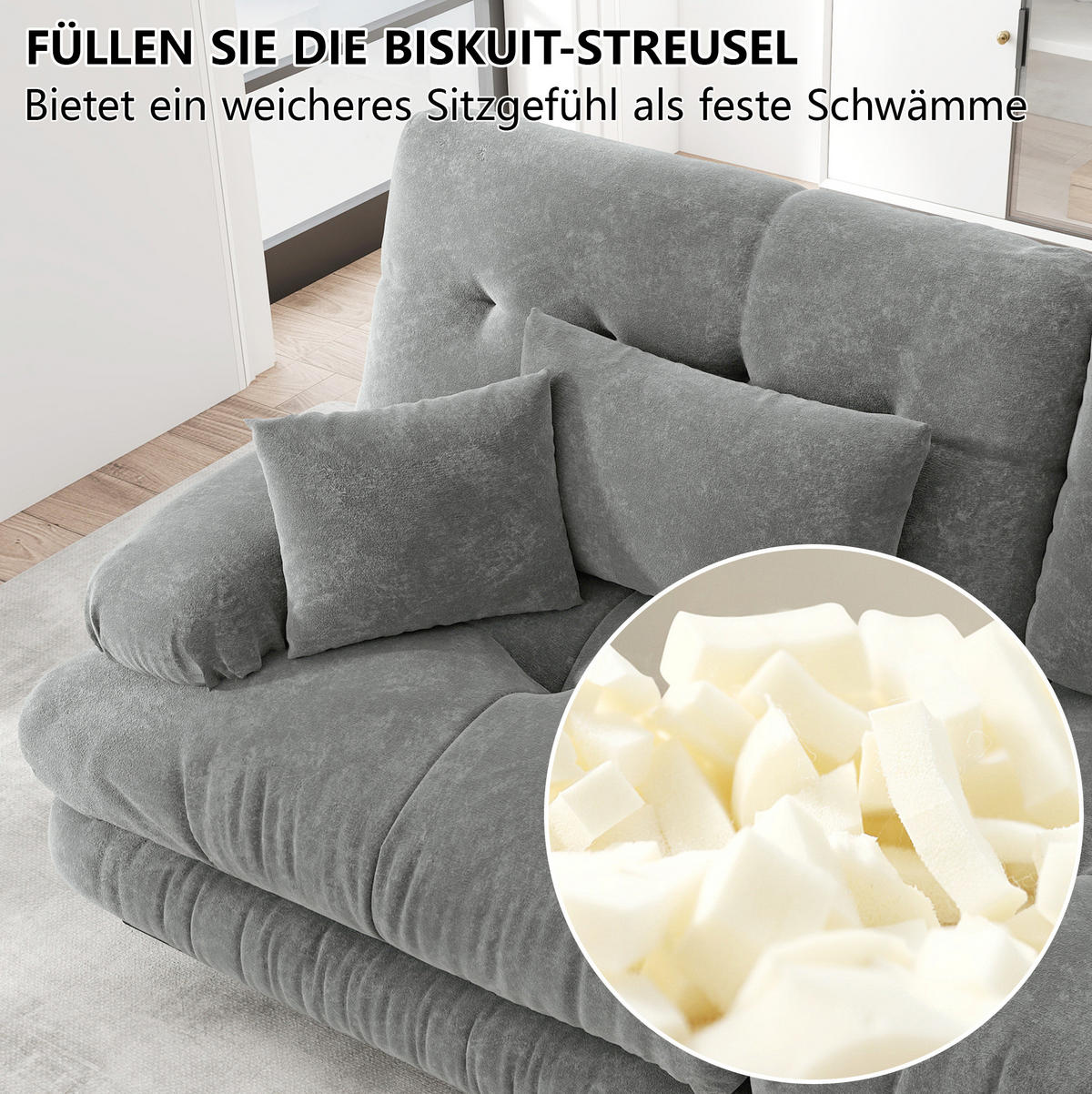 ECKSOFA modular mit Zierkissen und Lendenkissen, Chenille Grau - Grau, Textil (220/77cm) - Redom