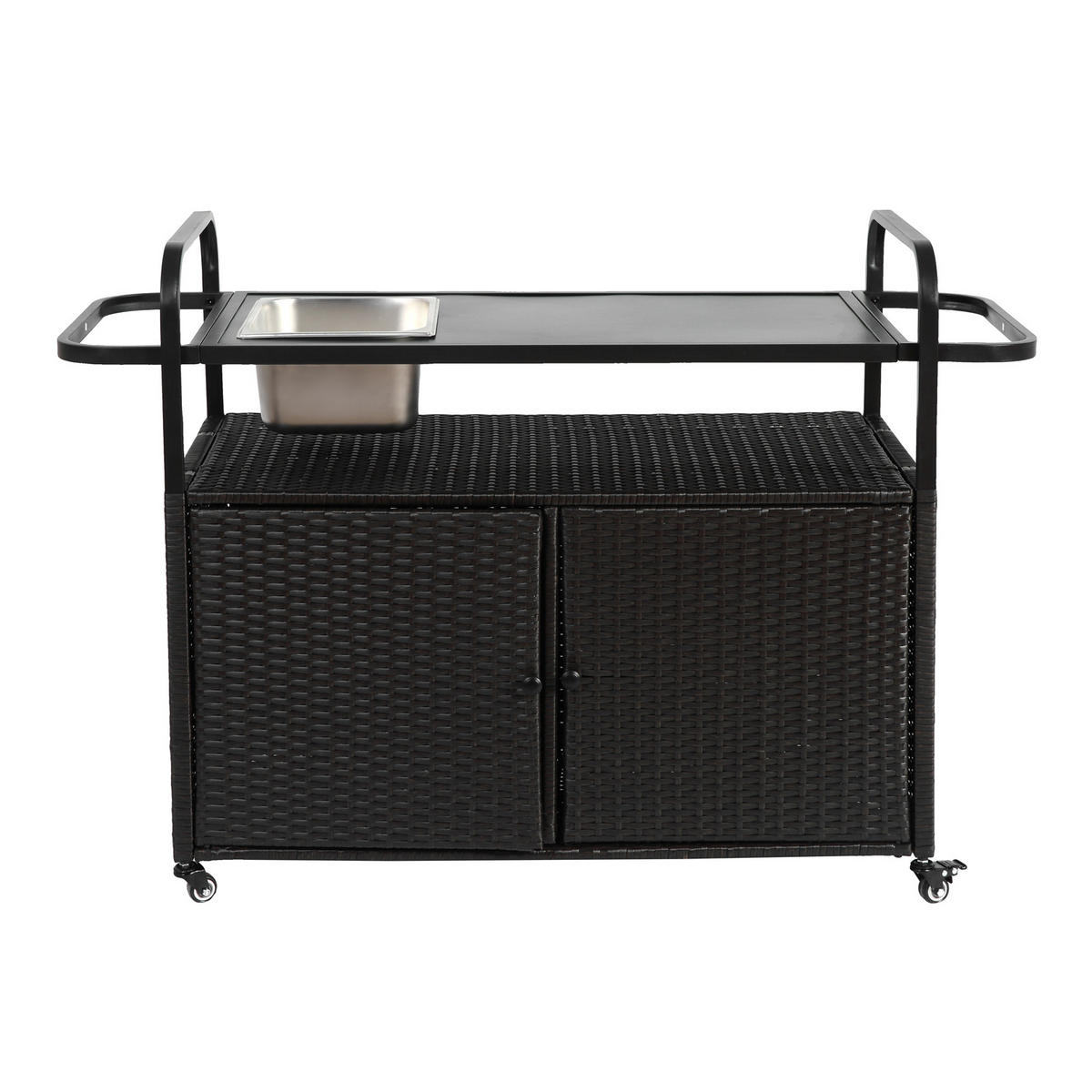 OUTDOOR-BARWAGEN 131 cm Schwarz Stahl & Rattan – Servierwagen mit Eisbehälter, Schrank & Lenkrollen - Schwarz, Metall (131/91/50cm) - Urban Meuble