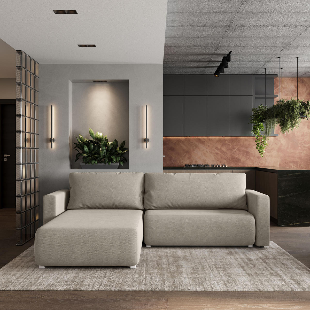 ECKSOFA TURIN Beige Geflochtener Stoff mit Schlaffunktion - Beige, Holz (265/183cm) - MASSENO