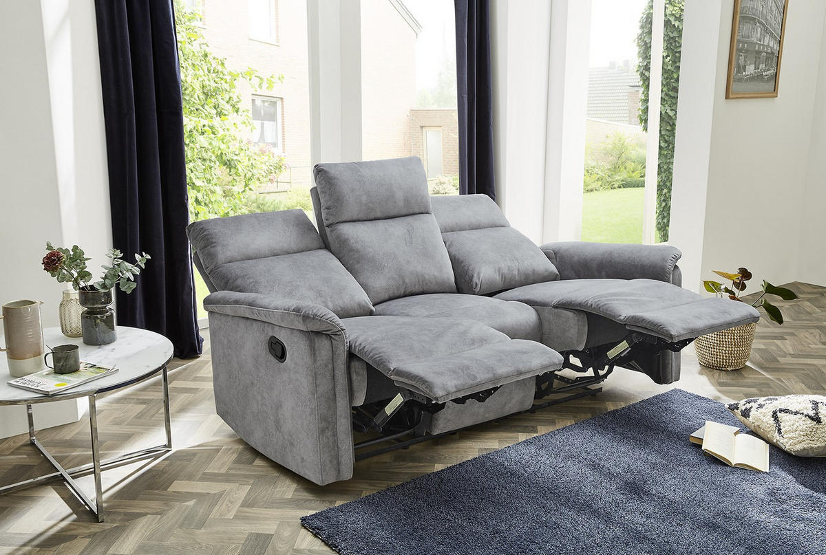 3-SITZER-RELAXSOFA Federkern, Liegefunktion verstellbar durch halbautomatische Relaxfunktion B180/T90/H100 cm, Velours Vintage Grau / 15128 - Hellgrau/Schwarz, Textil (180/100/90cm) - luma-home