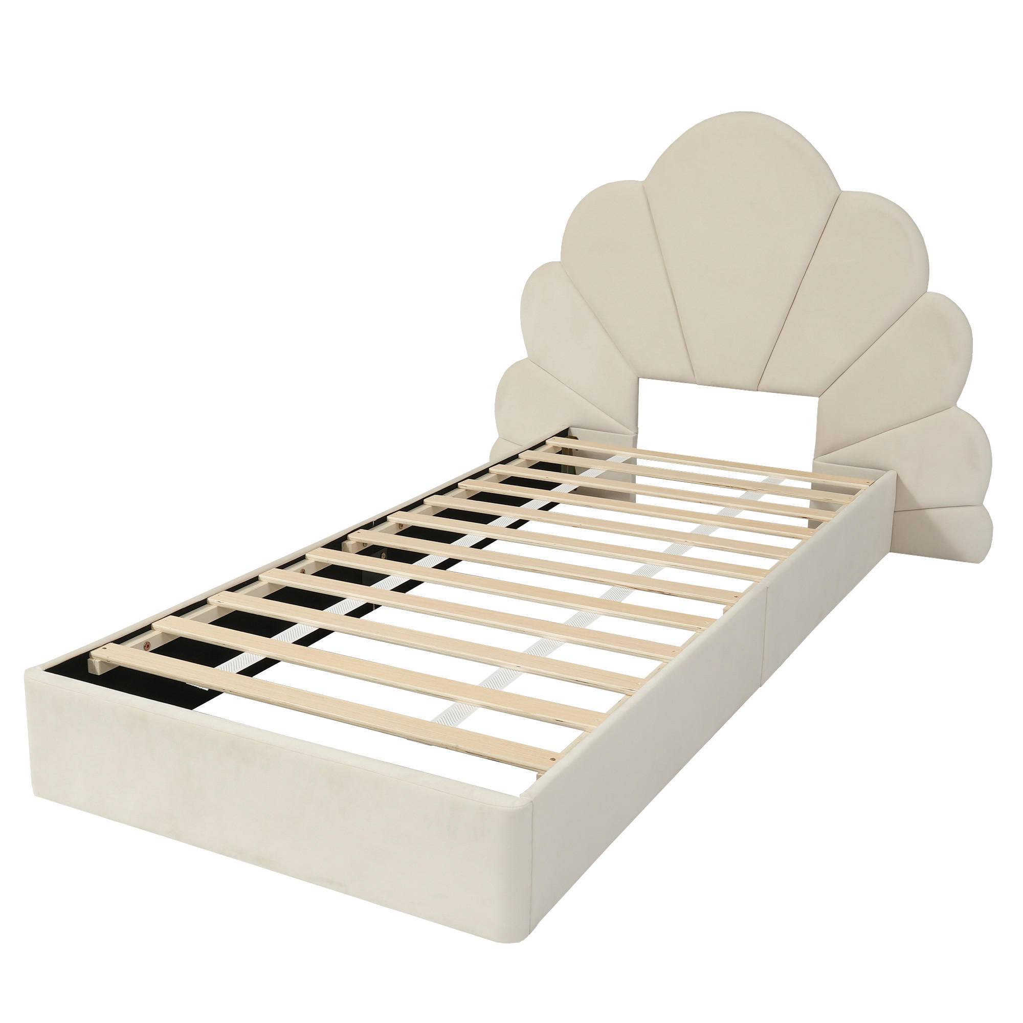POLSTERBETT 90/200 cm DE-02251, in Beige, mit Blüten-Kopfteil - Beige, Holzwerkstoff (90/200cm) - ComfortXL