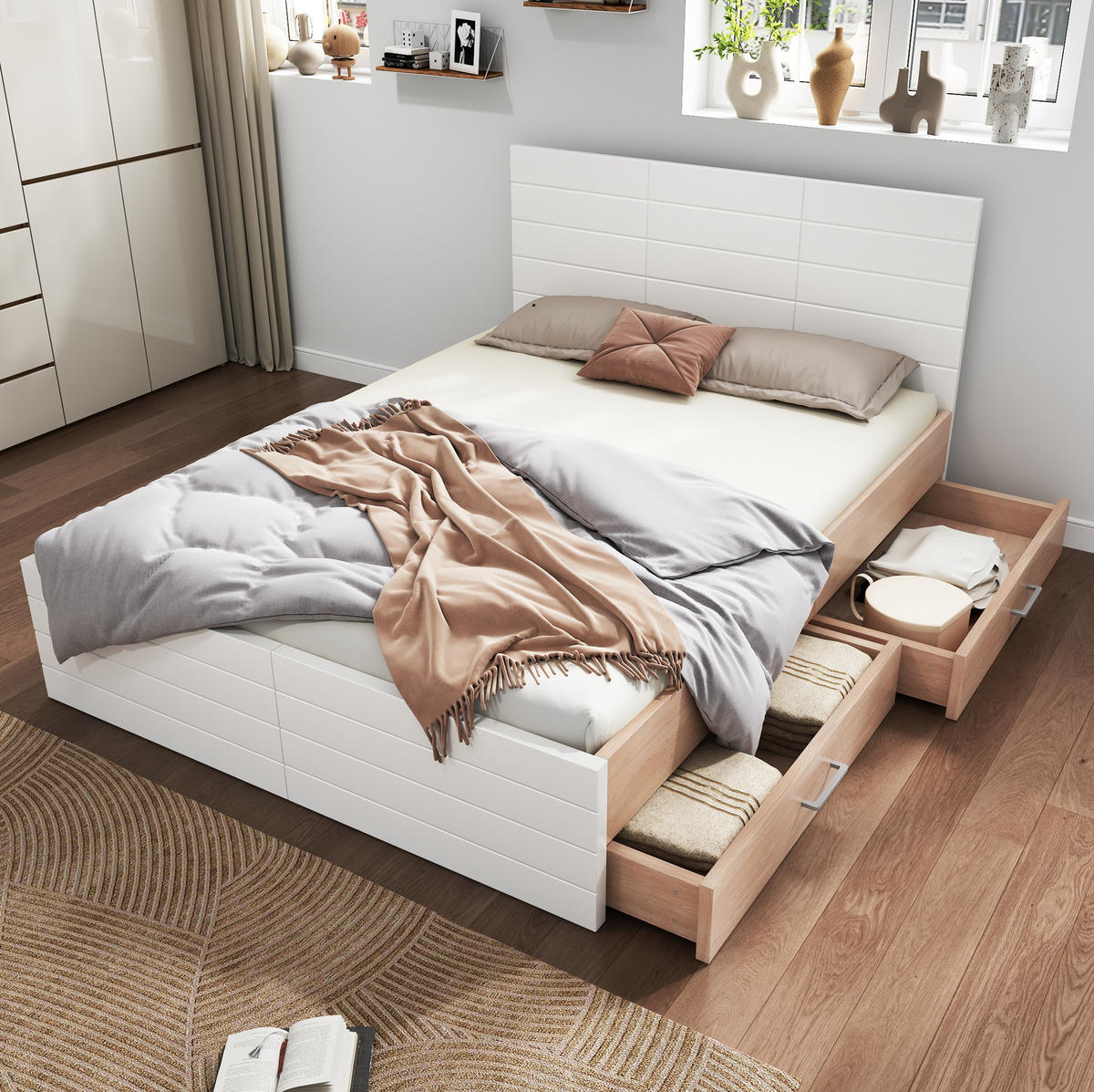 POLSTERBETT aus Massivholz & MDF 160x200 cm in Weiß mit 2 Schubladen & Matratze - Weiß, Holzwerkstoff (160/200cm) - Modfu