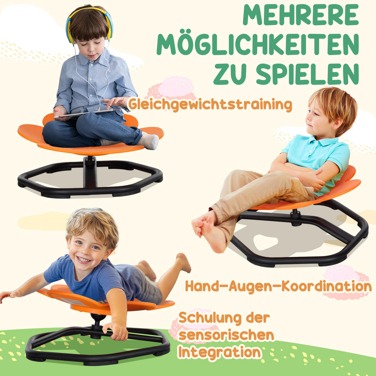SENSORISCHER Kinderstuhl, Drehstuhl für Autismus, Sensorischer Balance Sitz - Schwarz/Orange, Kunststoff (55/26/55cm) - AIYAPLAY