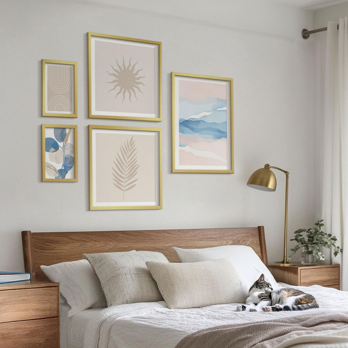 WANDBILDER 5er Set - 50x50 cm & 20x30 cm & 40x60 cm Goldrahmen - Abstrakte Linien der Sonnenwellen - Goldfarben, Kunststoff (40/60cm) - ArtPrintCave