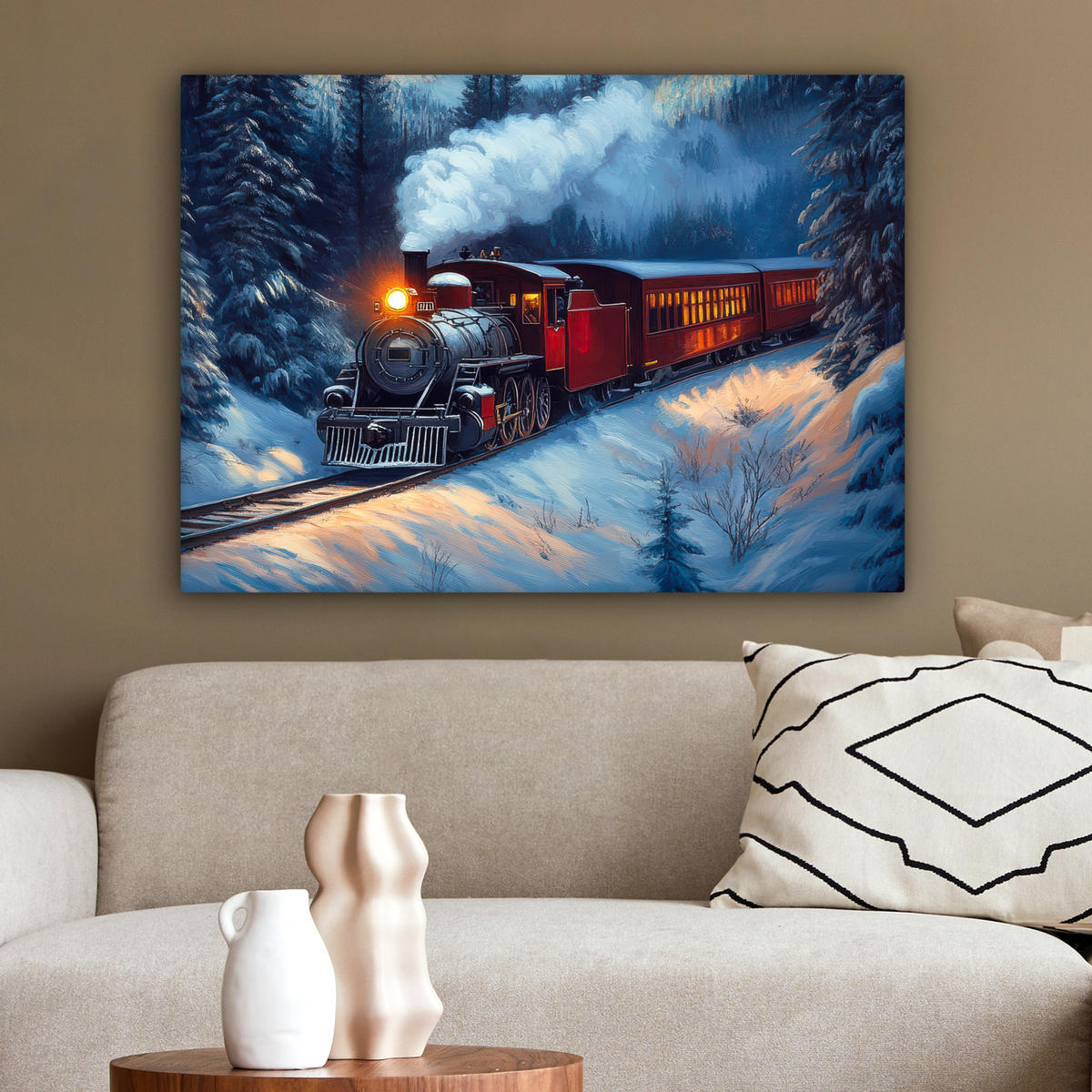 LEINWANDBILD Zug - Weihnachten - Schnee - Weihnachtszug Wandbilder 80x60 cm - Anthrazit, Textil (80/60cm) - MuchoWow