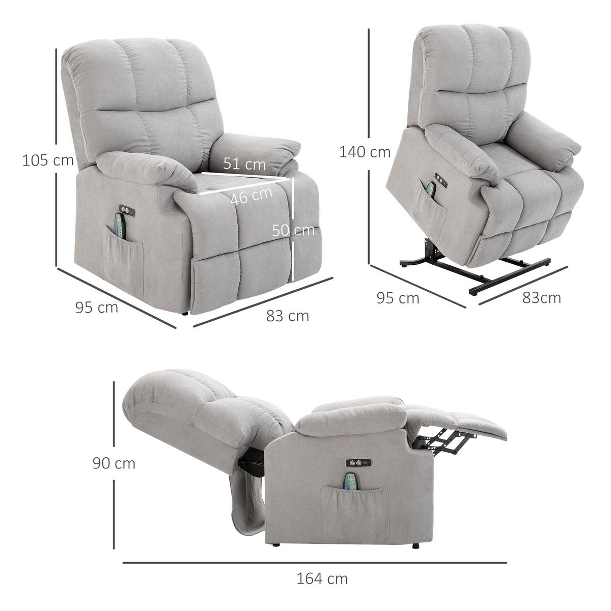 MASSAGESESSEL mit Aufstehhilfe Relaxsessel Fernsehsessel mit Wärmefunktion Grau - Grau, Kunststoff (95/105/83cm) - HOMCOM