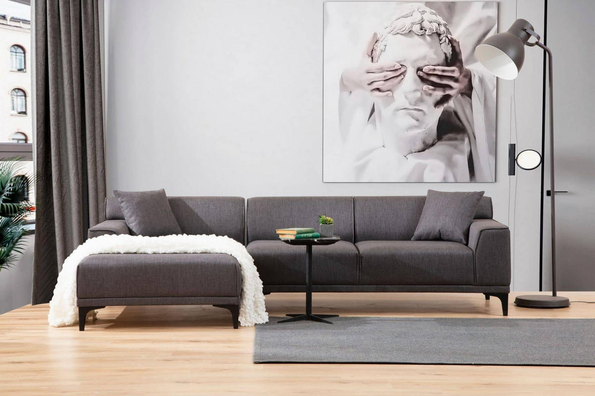 ECKSOFA modern inklusive Zierkissen - Anthrazit/Schwarz, Holz/Kunststoff (250/145cm) - myHomelando