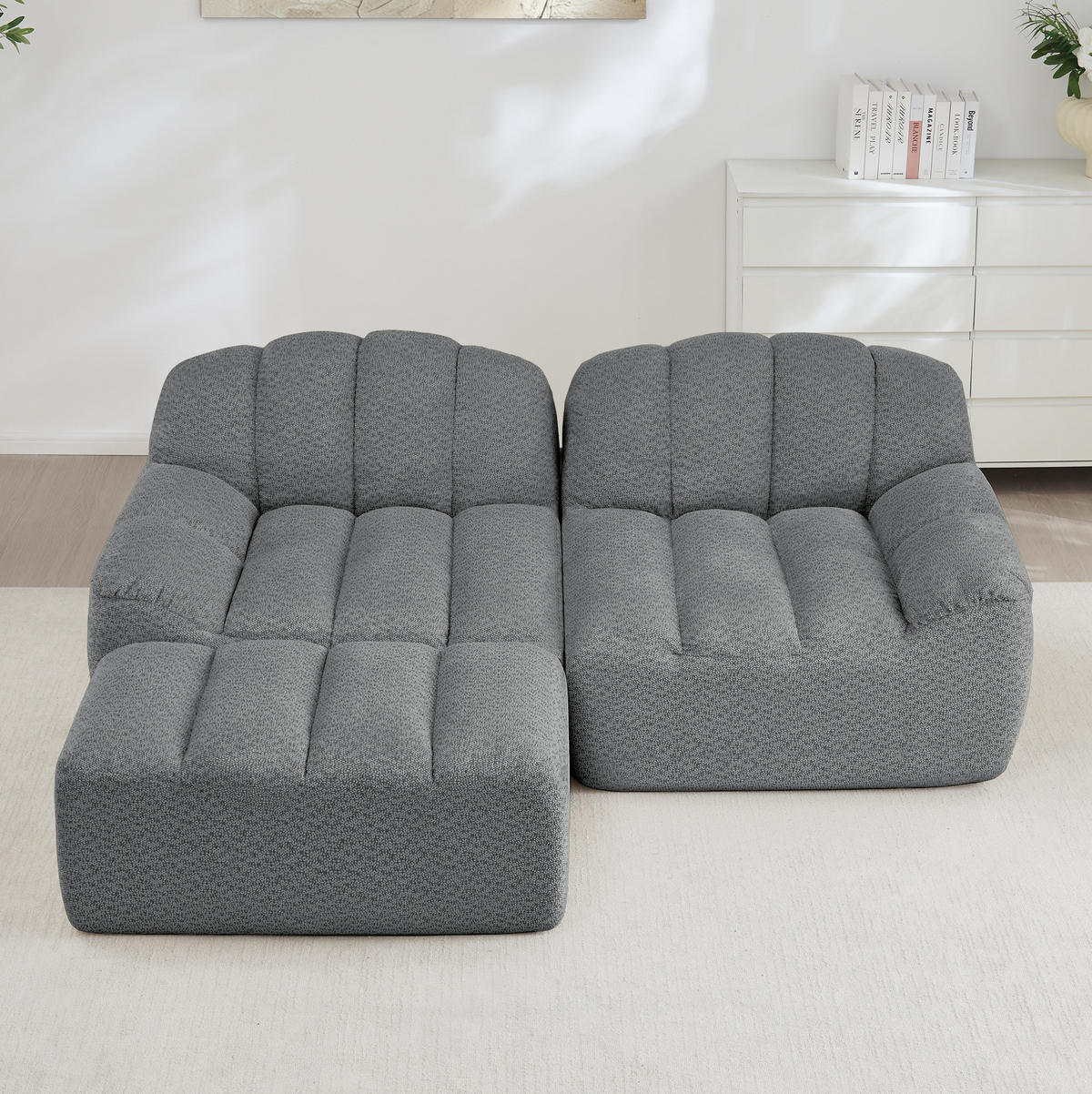 SOFA 210/165/79 cm in Grau mit Ottoman und weichem Fleecebezug - Grau, Textil (165/79/210cm) - Flora Grace