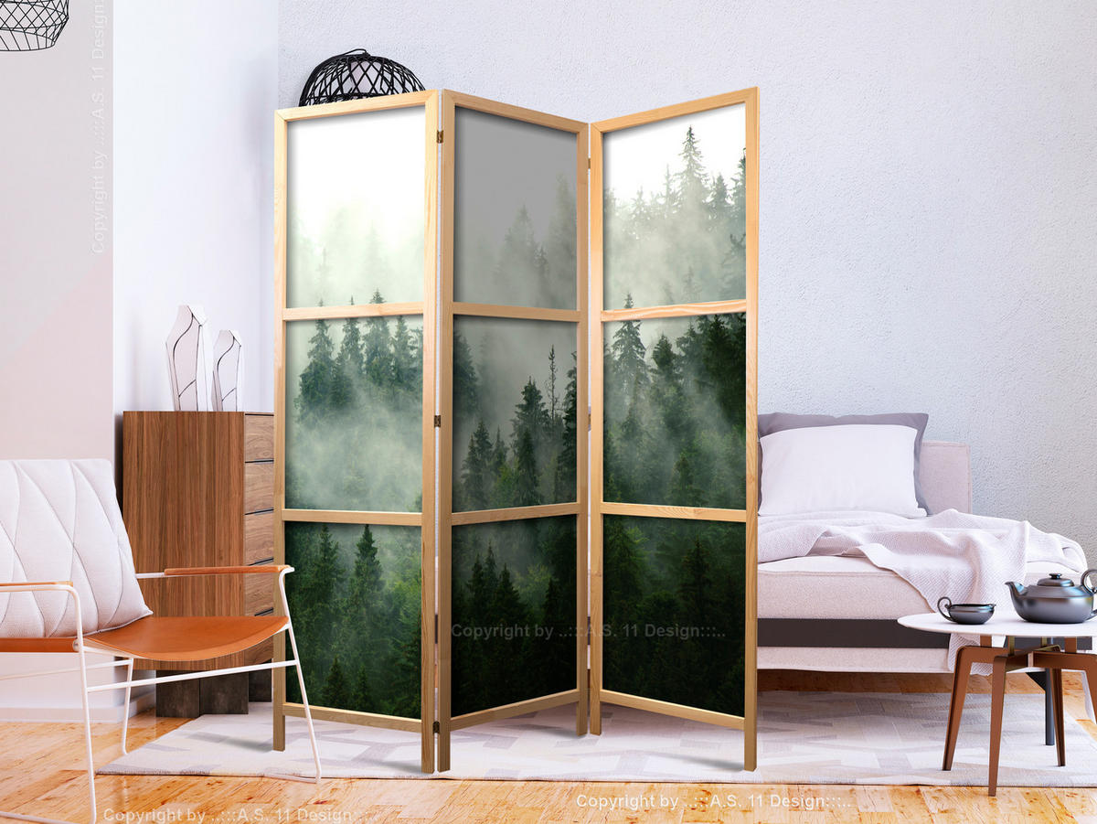 PARAVENT Japanischer 3-tlg 135x172 cm Wald Im Nebel - Grün, Holz/Textil (135/172/3cm) - Muralo