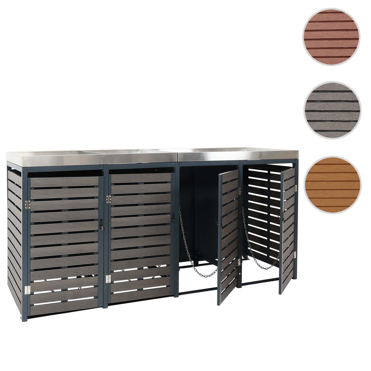 MÜLLTONNENBOX 4er mit Pflanzkasten HxBxT 124x265x84cm Walnuss-Holzoptik - Braun, Metall (265/124/84cm) - PROREGAL