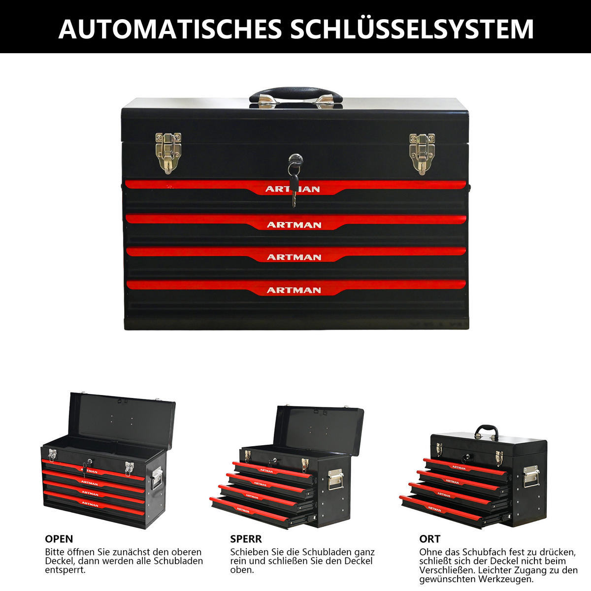 WERKZEUGKISTE 20 Zoll mit 3 Schubladen, pulverbeschichteter Stahl, Schwarz - Schwarz, Metall (22.3/34.5/53.2cm) - Novahome