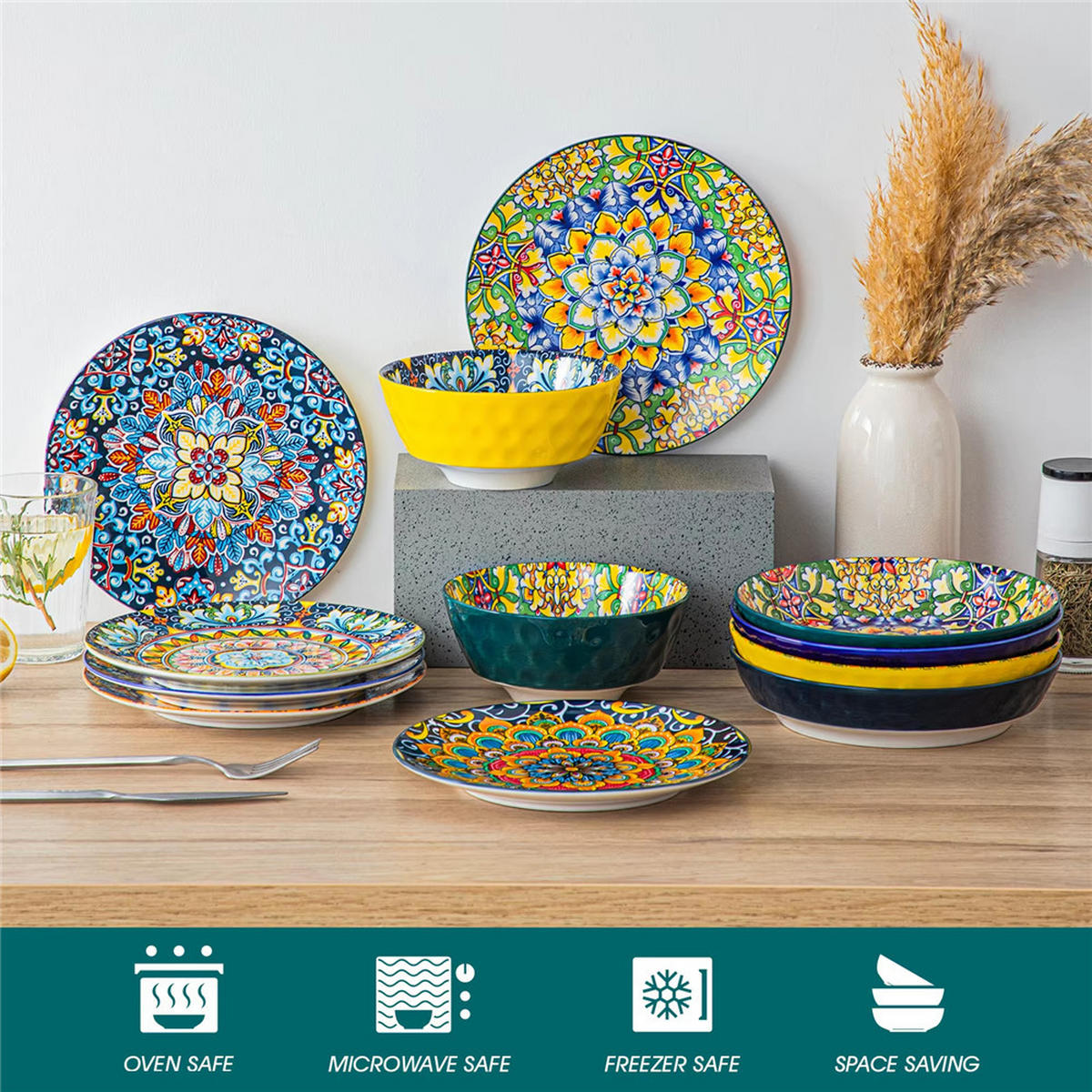 KOMBISERVICE 24-teilig Steinzeug Geschirrset Böhmischer Stil - Multicolor, Keramik (27.2/2.3/27.2cm) - Kaket