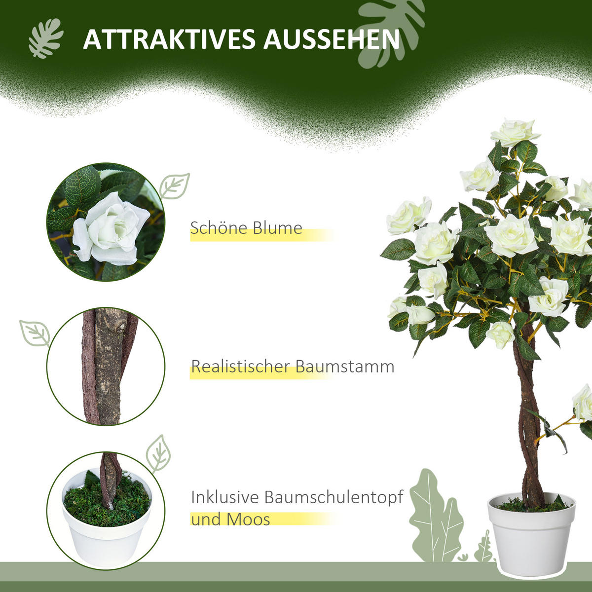 KÜNSTLICHE Rosenpflanzen groß 90 cm Kunstpflanze Rosenbaum für Wohnzimmer - Weiß, Kunststoff (90cm) - Outsunny