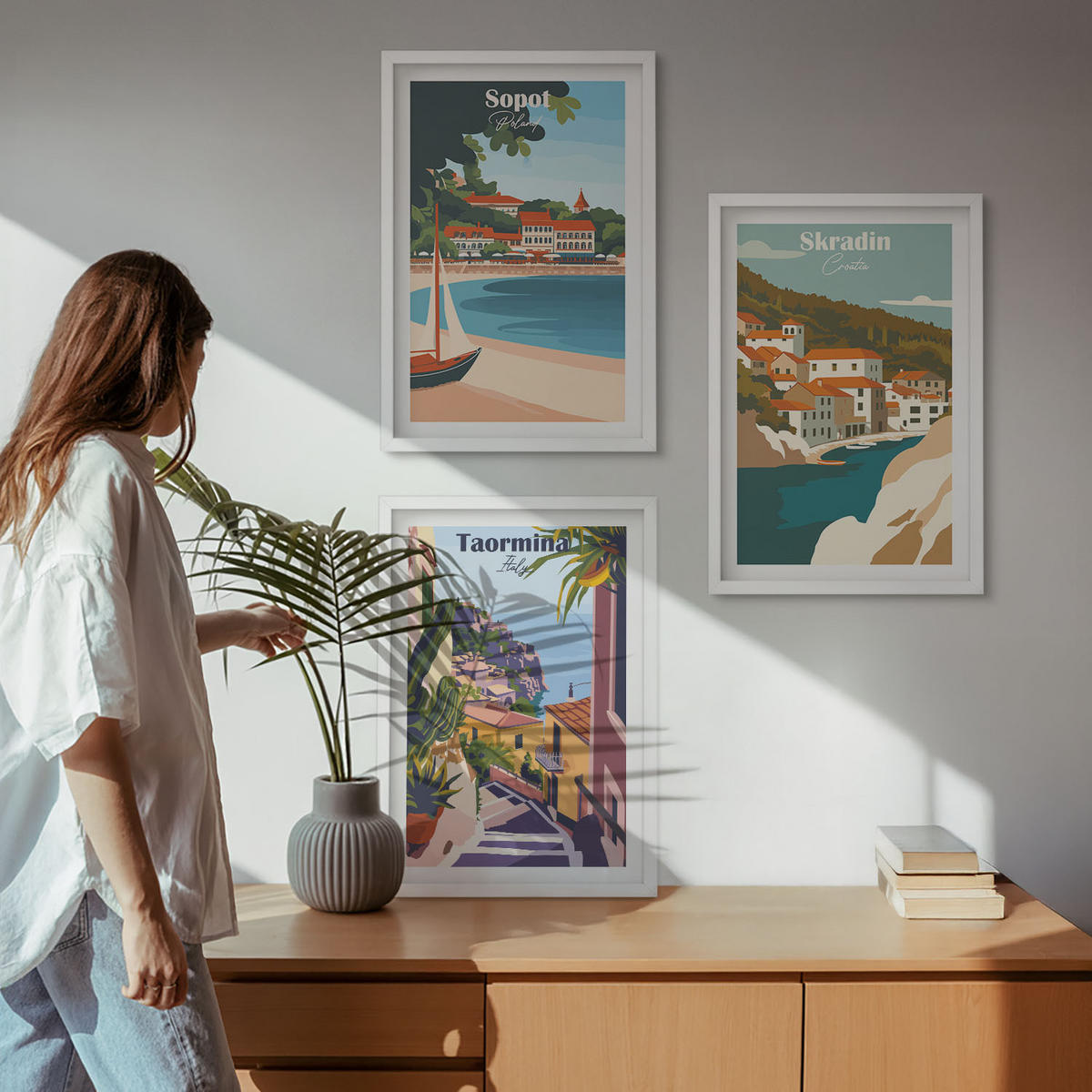 WANDBILDER 3er-Set - 40x60 cm Weißer Rahmen - Illustrationen von Küstenstädten - Weiß, Kunststoff (40/60cm) - ArtPrintCave