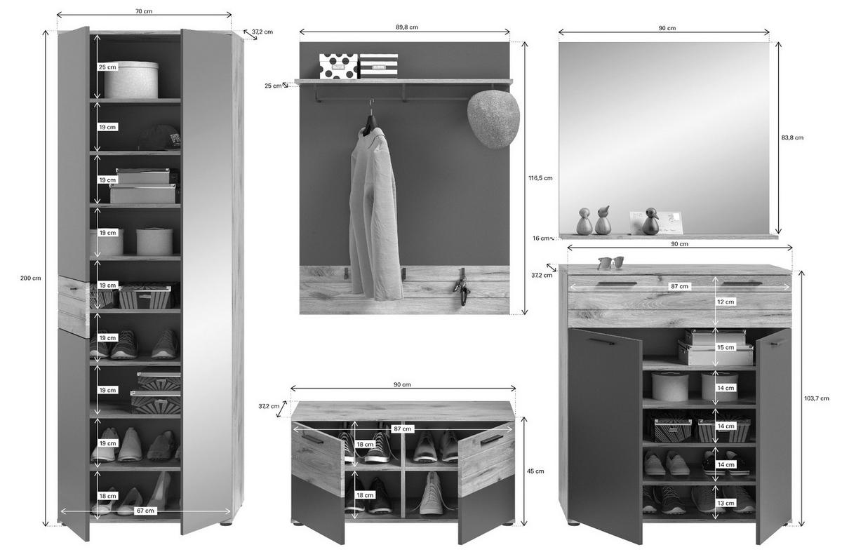 GARDEROBEN-SET Eiche, grau 5-teilig 280 cm mit Soft-Close - Eichefarben/Schwarz, Glas/Holzwerkstoff (195/200/37cm) - Inn.Furn