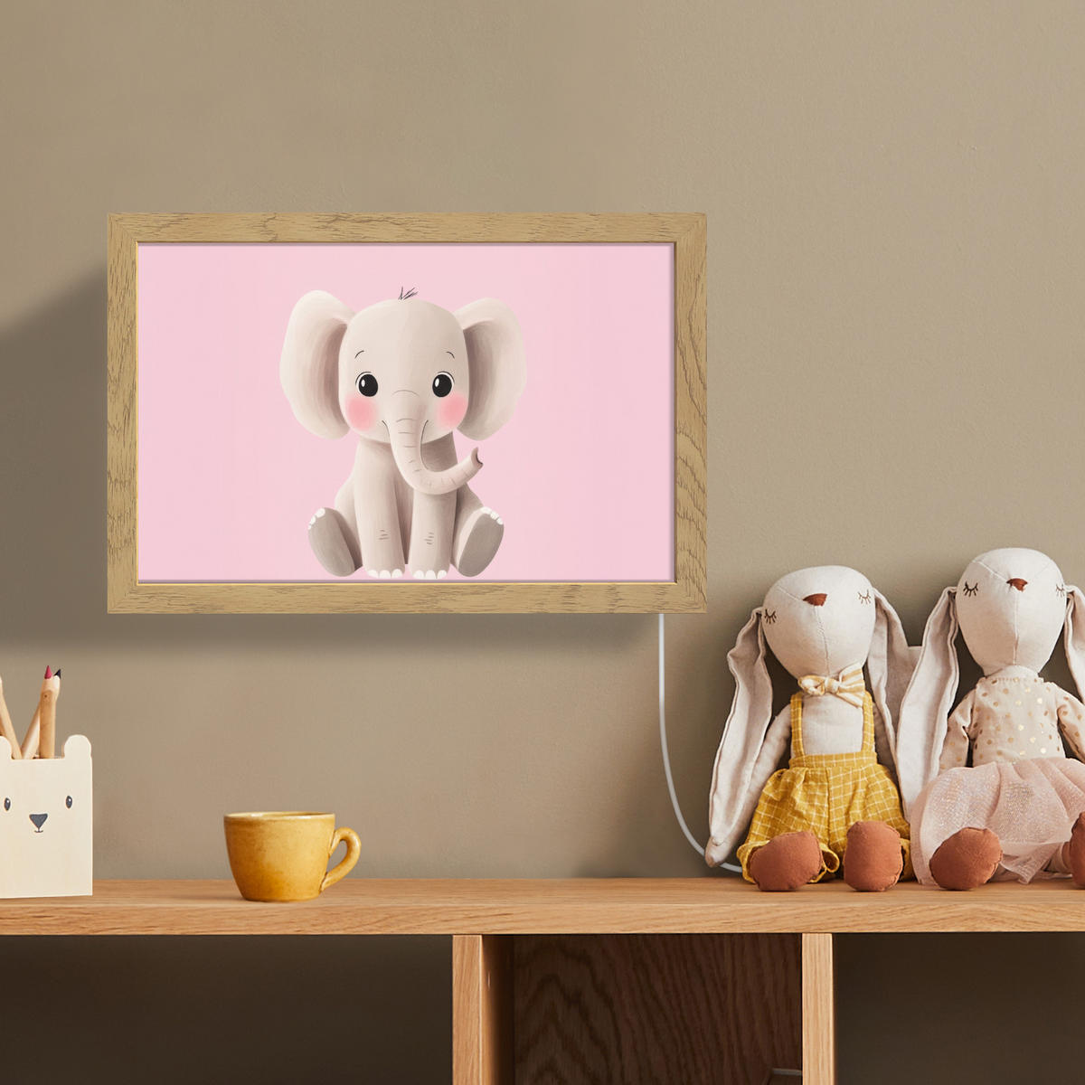 NÁSTĚNNÁ LAMPA Slon - Dítě - Růžová - Kreslený film 30x20 cm - světle růžová, kompozitní dřevo (30/20/8cm) - OnlyWow