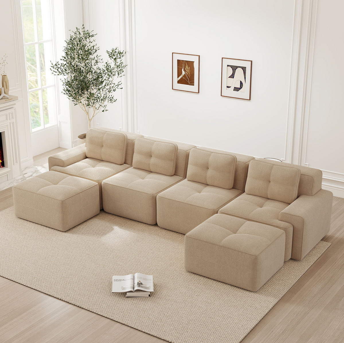 WOHNLANDSCHAFT 382/177/69 cm in Beige aus Cord mit Tiefsitz und modularer Form - Beige, Textil (177/69/382cm) - Flora Grace