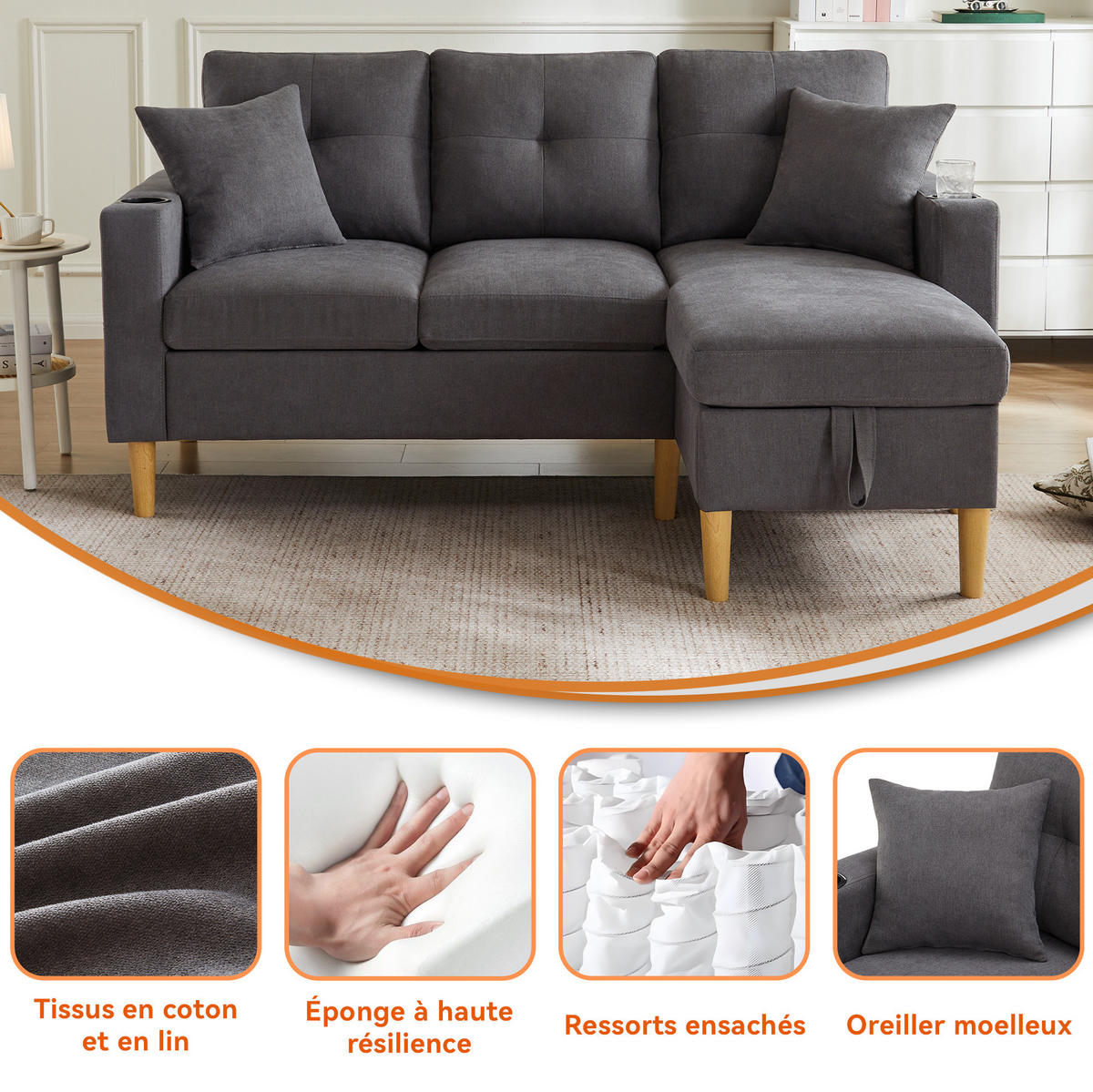 SOFA mit Chaiselongue 175x129 cm Baumwoll-Leinenstoff Dark Gray - Dunkelgrau, Textil (175/129cm) - IVMEU