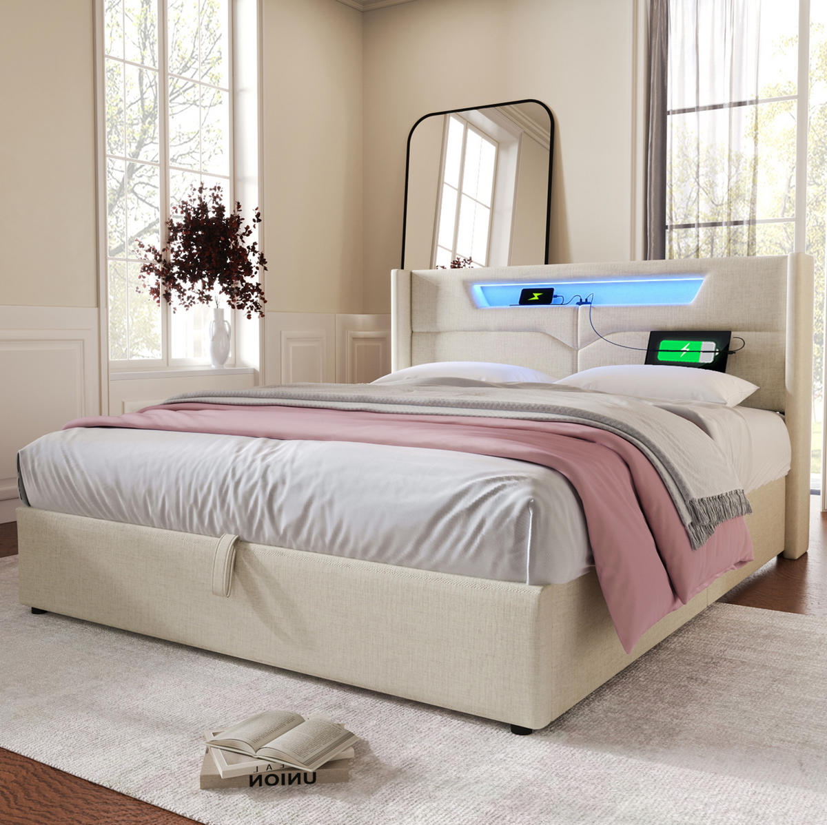 POLSTERBETT 160/200 cm aus Leinen mit LED und USB-C Ladefunktion Beige - Beige, Textil (160/200cm) - Modenvie