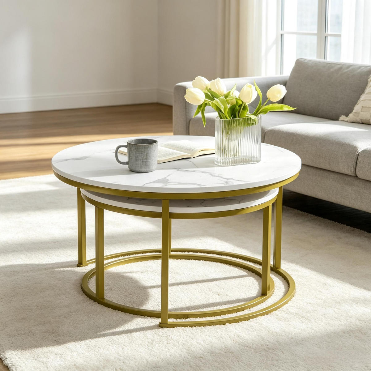 COUCHTISCH-SET 2-teilig Weiß/Gold Marmoroptik rund - Goldfarben/Weiß, Holzwerkstoff/Metall (74/74/46.3cm)