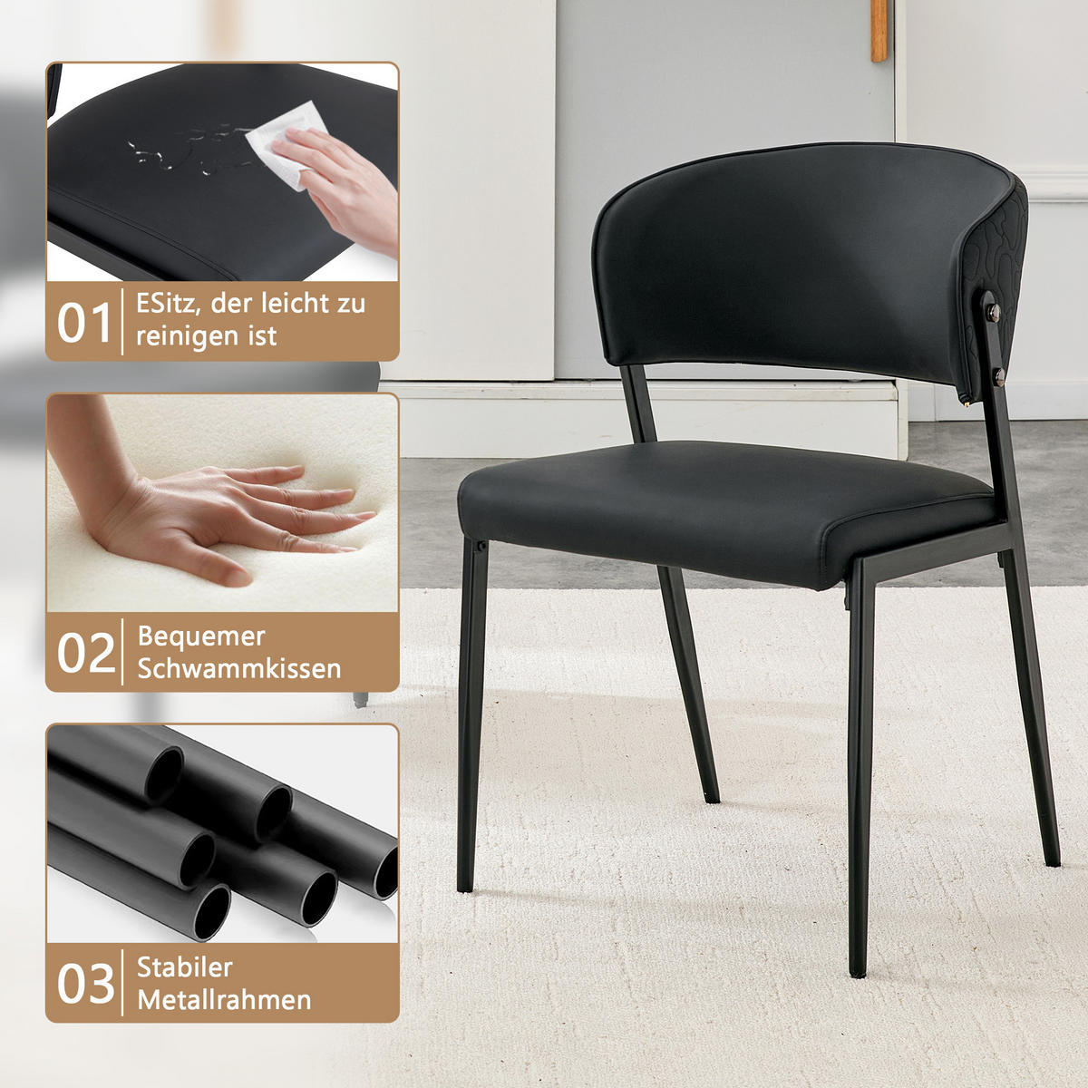 STUHL-SET DE-36686 2 Stück mit Kunstlederbezug und Metallgestell Schwarz - Schwarz, Metall (49/78/51cm) - ComfortXL