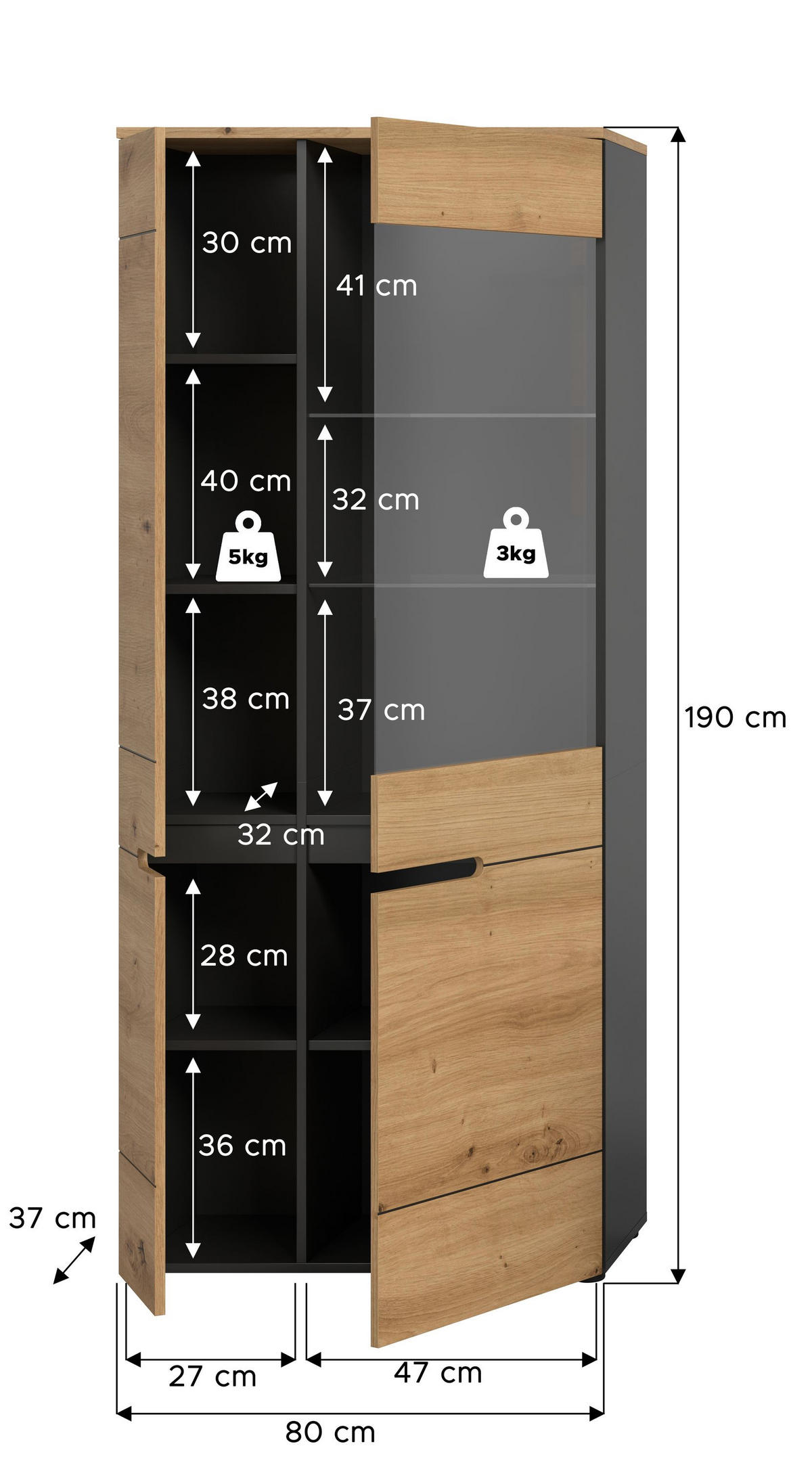 VITRINE CANU (B/H/T: ca. 190/80/37 cm) in Basalt grau/Artisan Nachbildung - Grau, Holzwerkstoff (190/80/37cm)