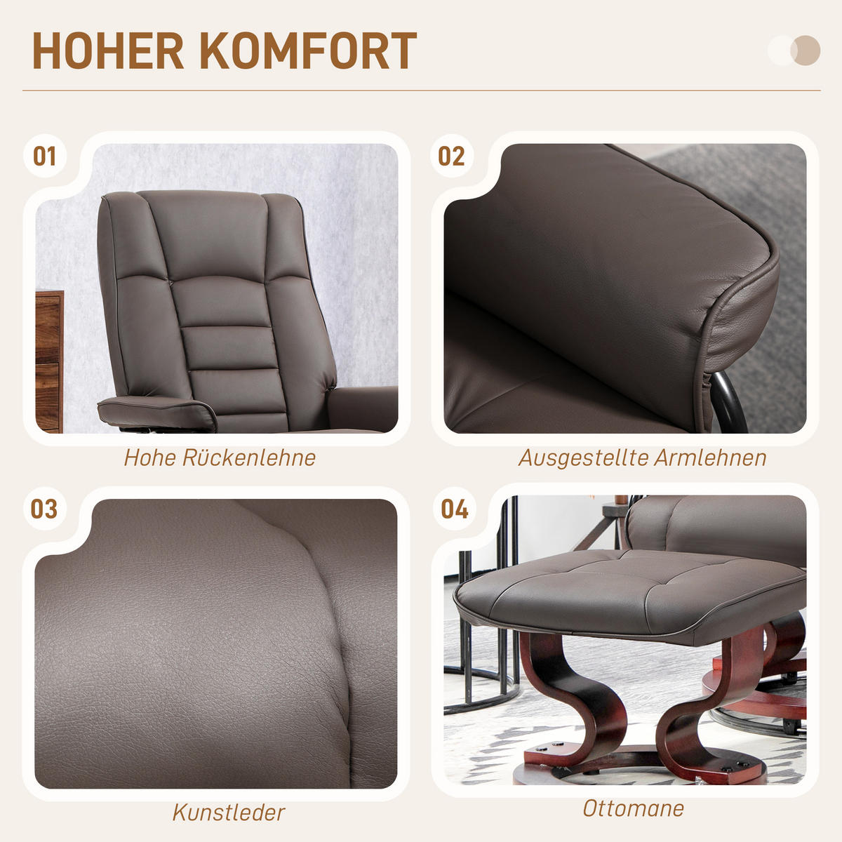 RELAXSESSEL mit Hocker, Drehbar Fernsehsessel mit Liegefunktion Kunstleder - Braun, Kunststoff (76/104/85cm) - HOMCOM