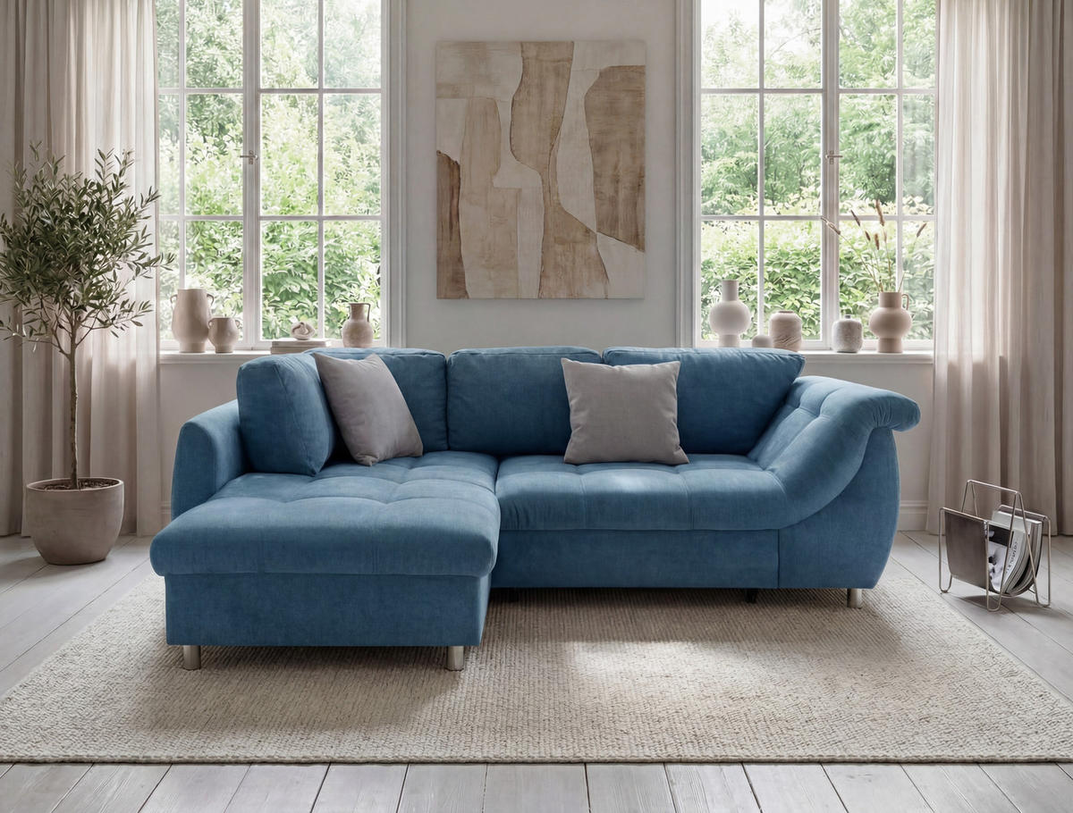ECKSOFA mit Schlaffunktion, Wellenunterfederung, Ottomane links B250/T190/H84 cm, Liegefl. 179x190 cm, Mikrofaser Blau / 17108 - Blau/Chromfarben, Textil/Metall (250/190cm) - luma-home